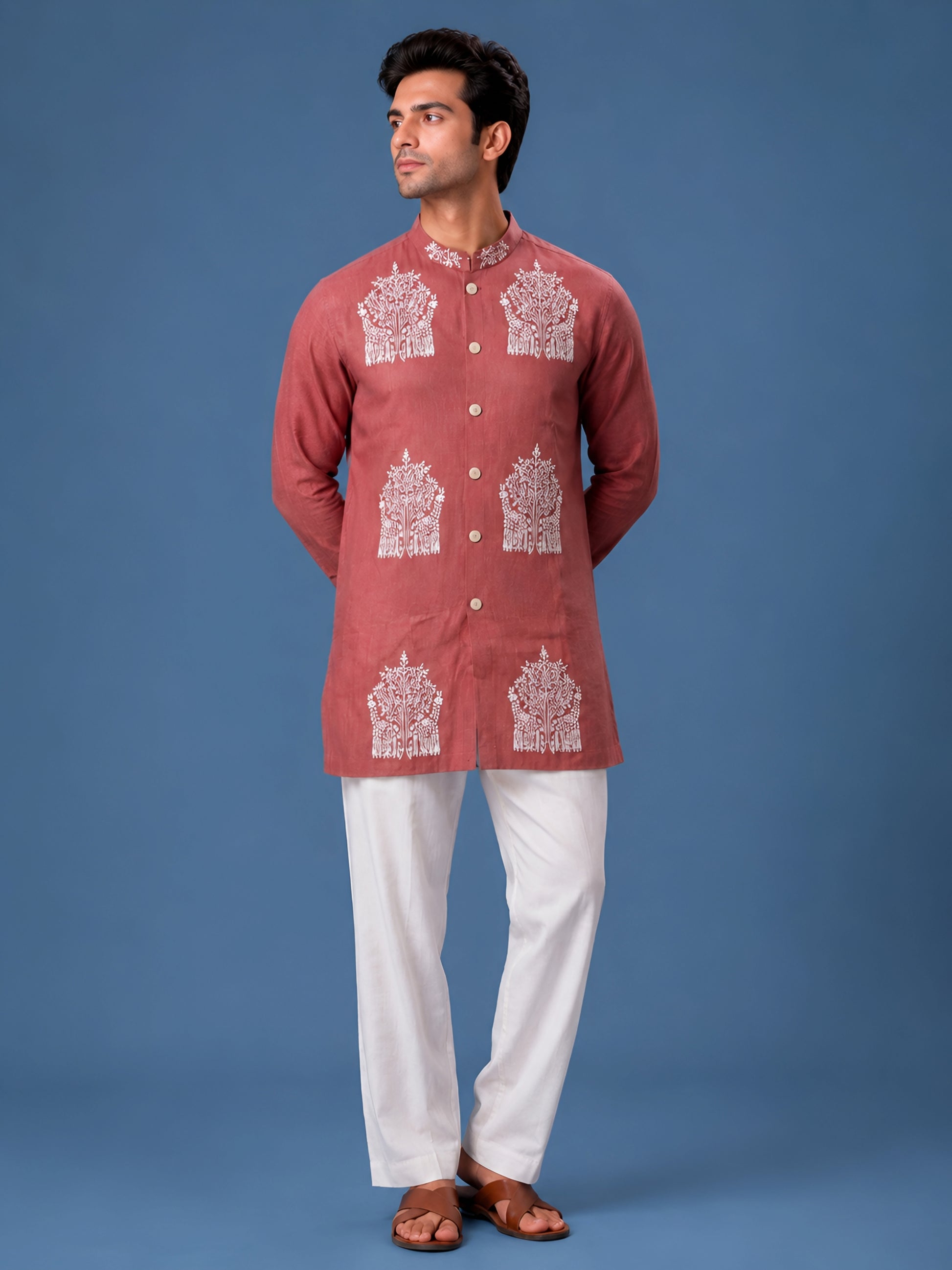 Premium Rose Pink Embroidered Short Kurta for Men