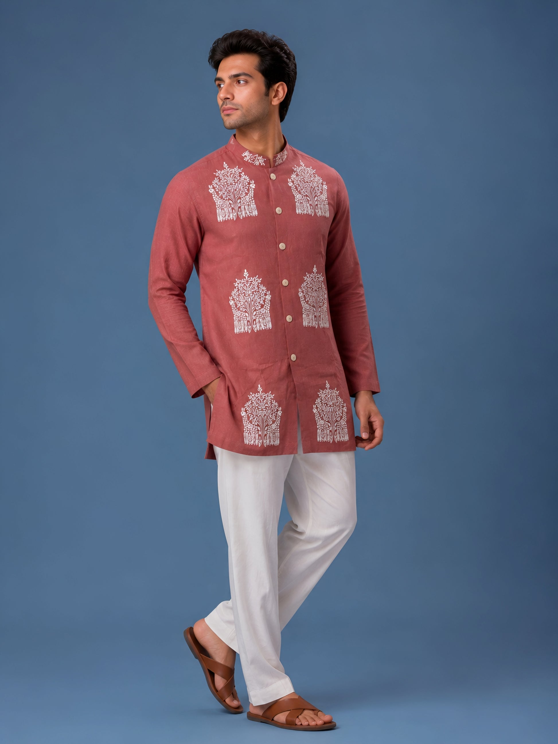 Premium Rose Pink Embroidered Short Kurta for Men