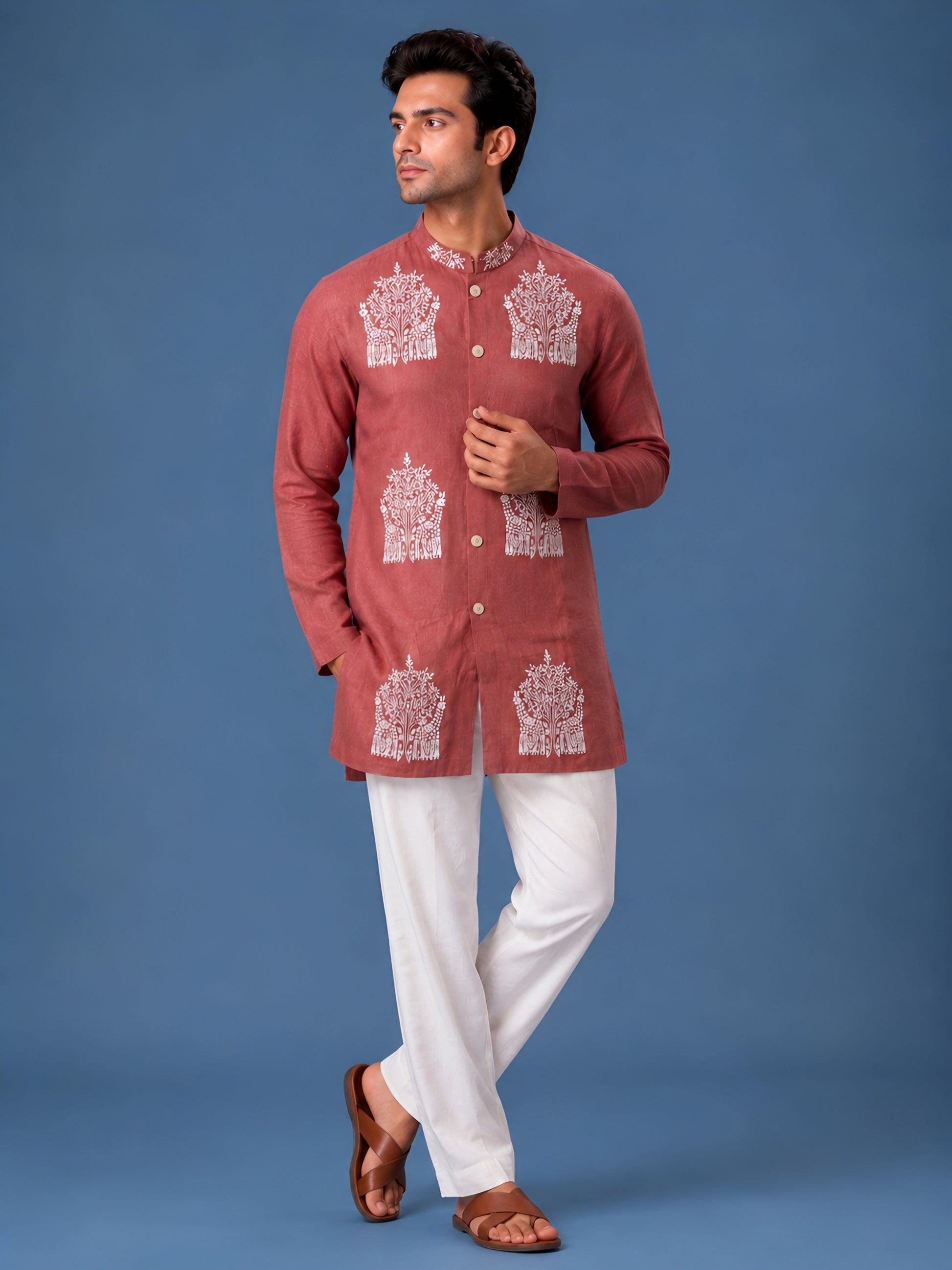 Premium Rose Pink Embroidered Short Kurta for Men