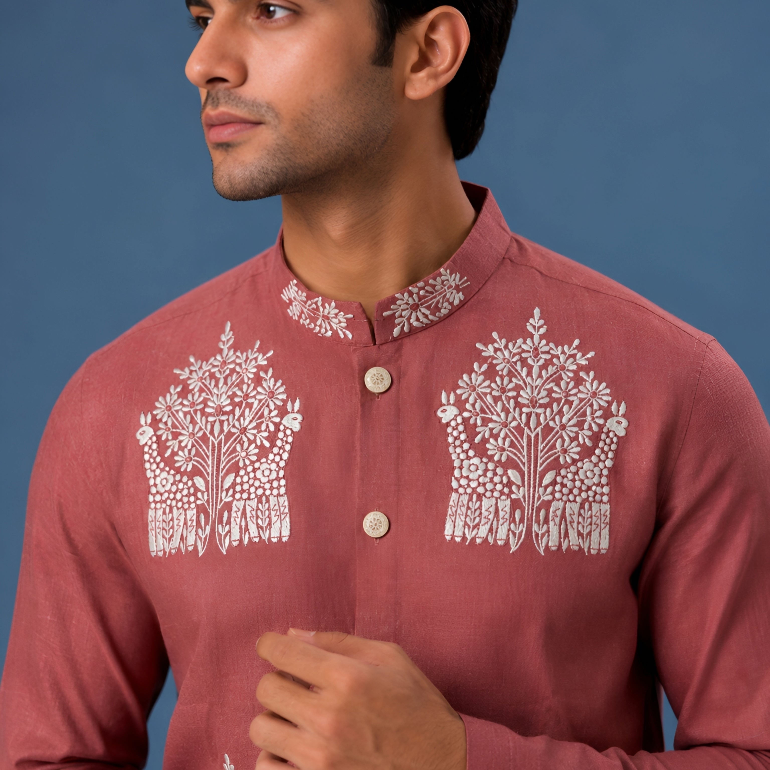 Premium Rose Pink Embroidered Short Kurta for Men