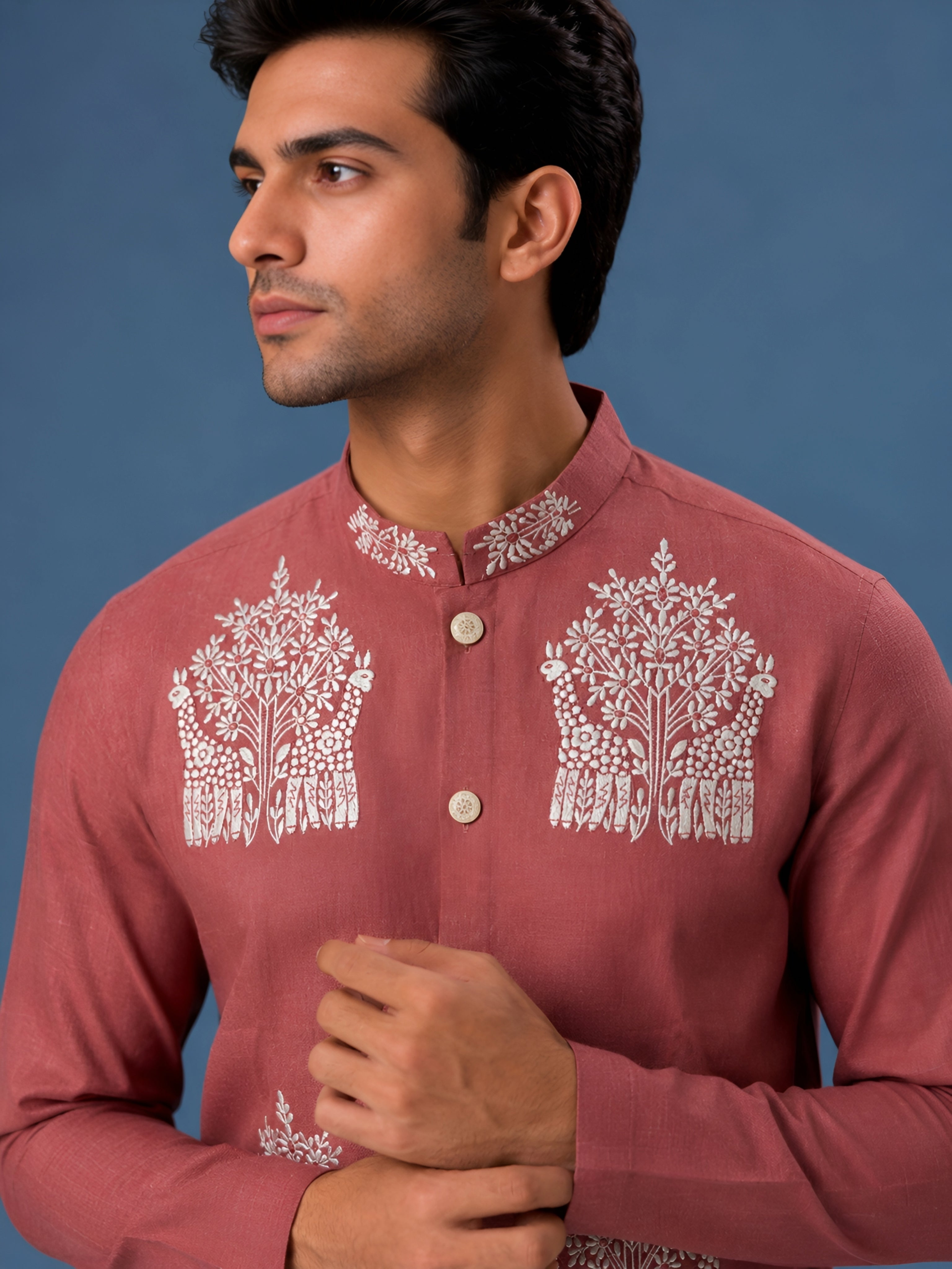 Premium Rose Pink Embroidered Short Kurta for Men
