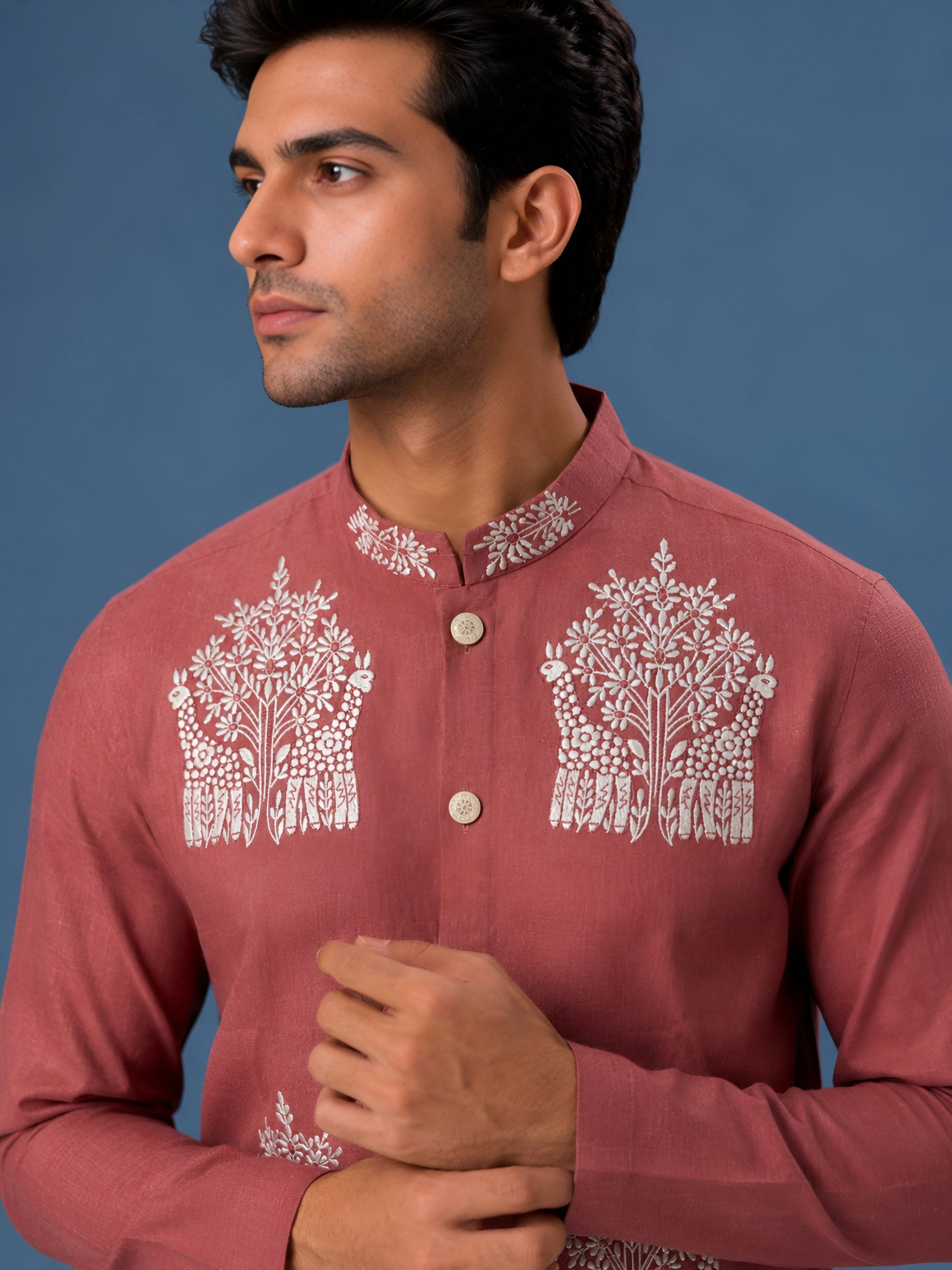 Premium Rose Pink Embroidered Short Kurta for Men