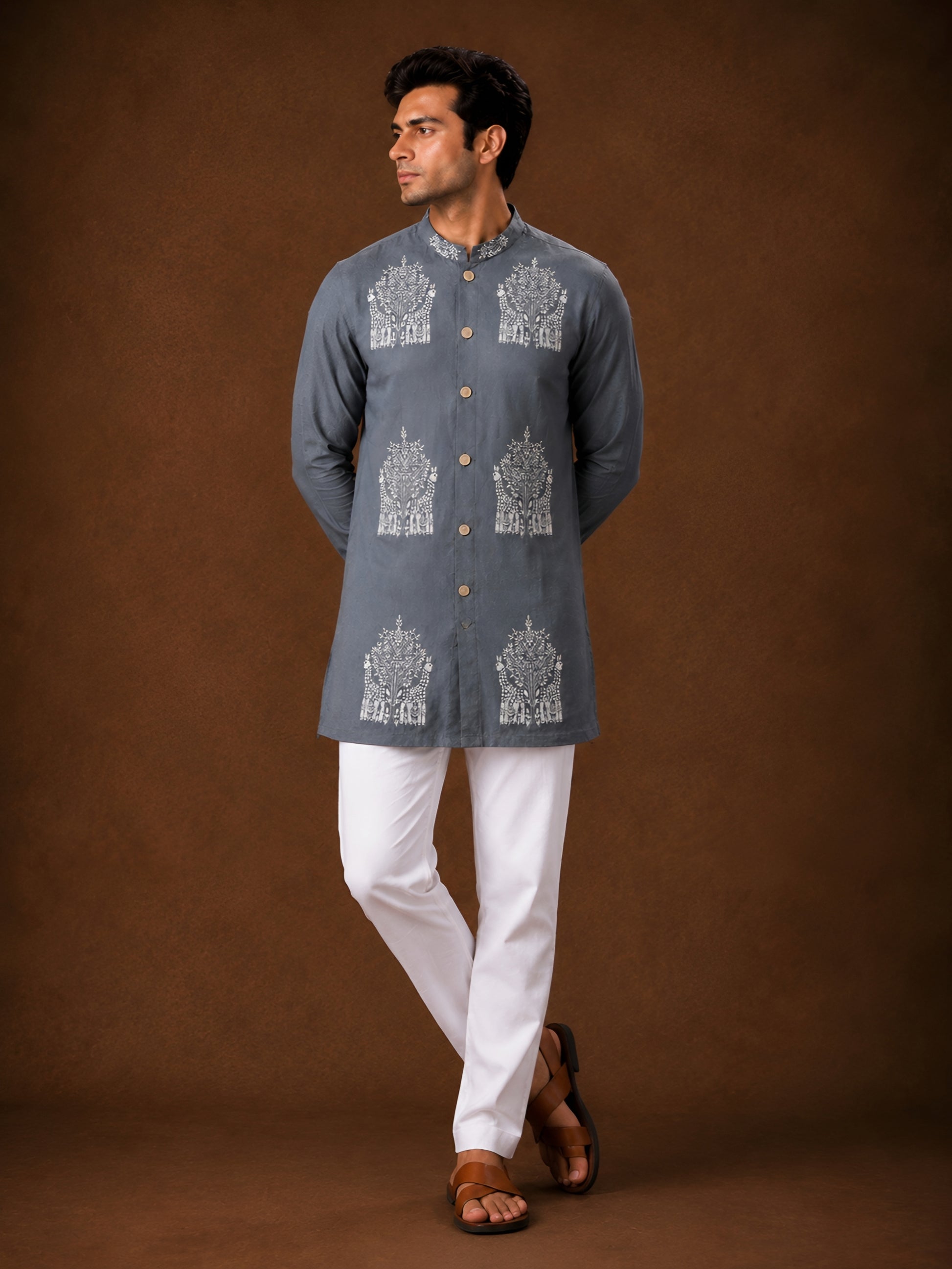 Premium Steel Grey Embroidered Short Kurta for Men