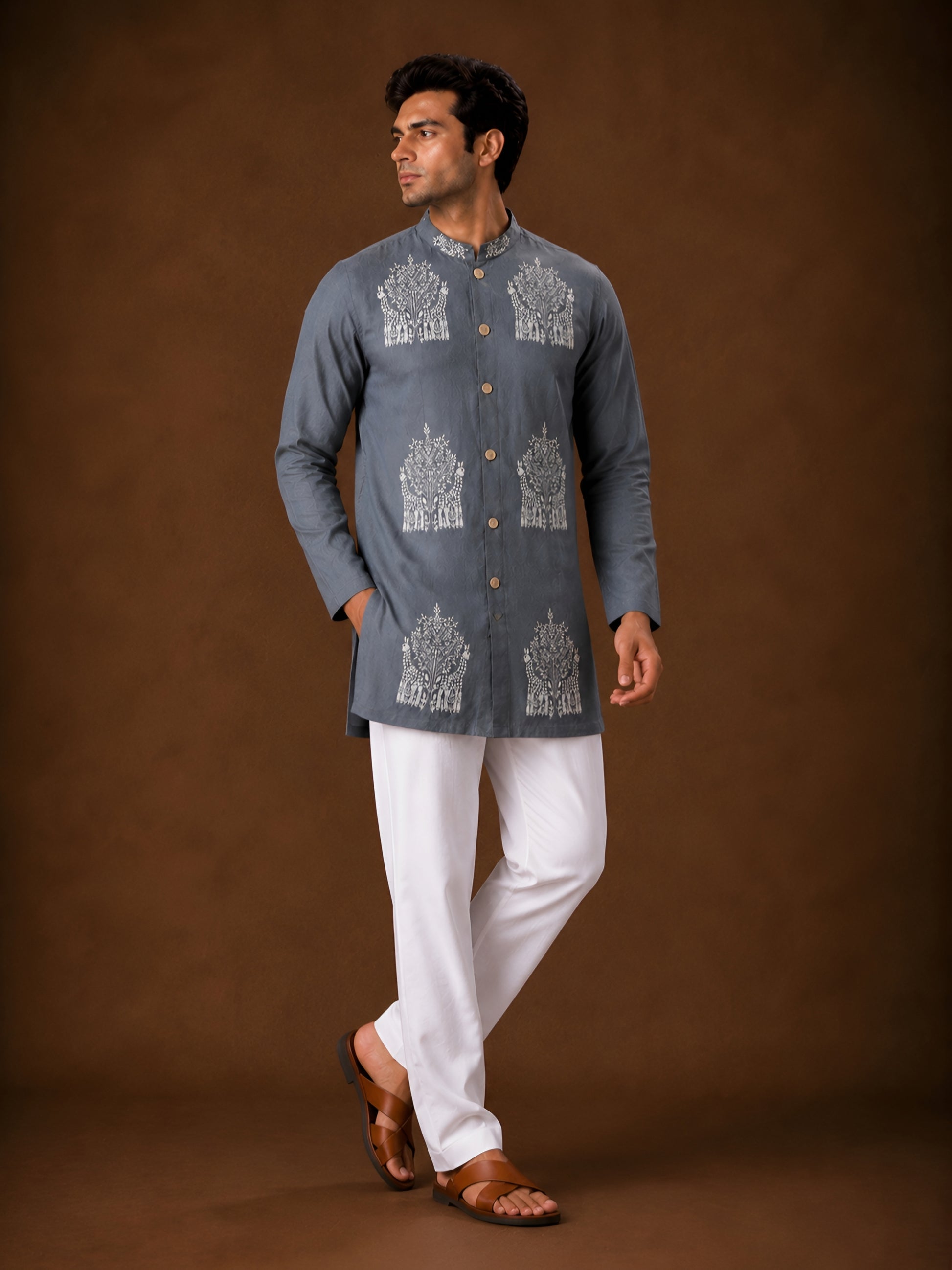 Premium Steel Grey Embroidered Short Kurta for Men