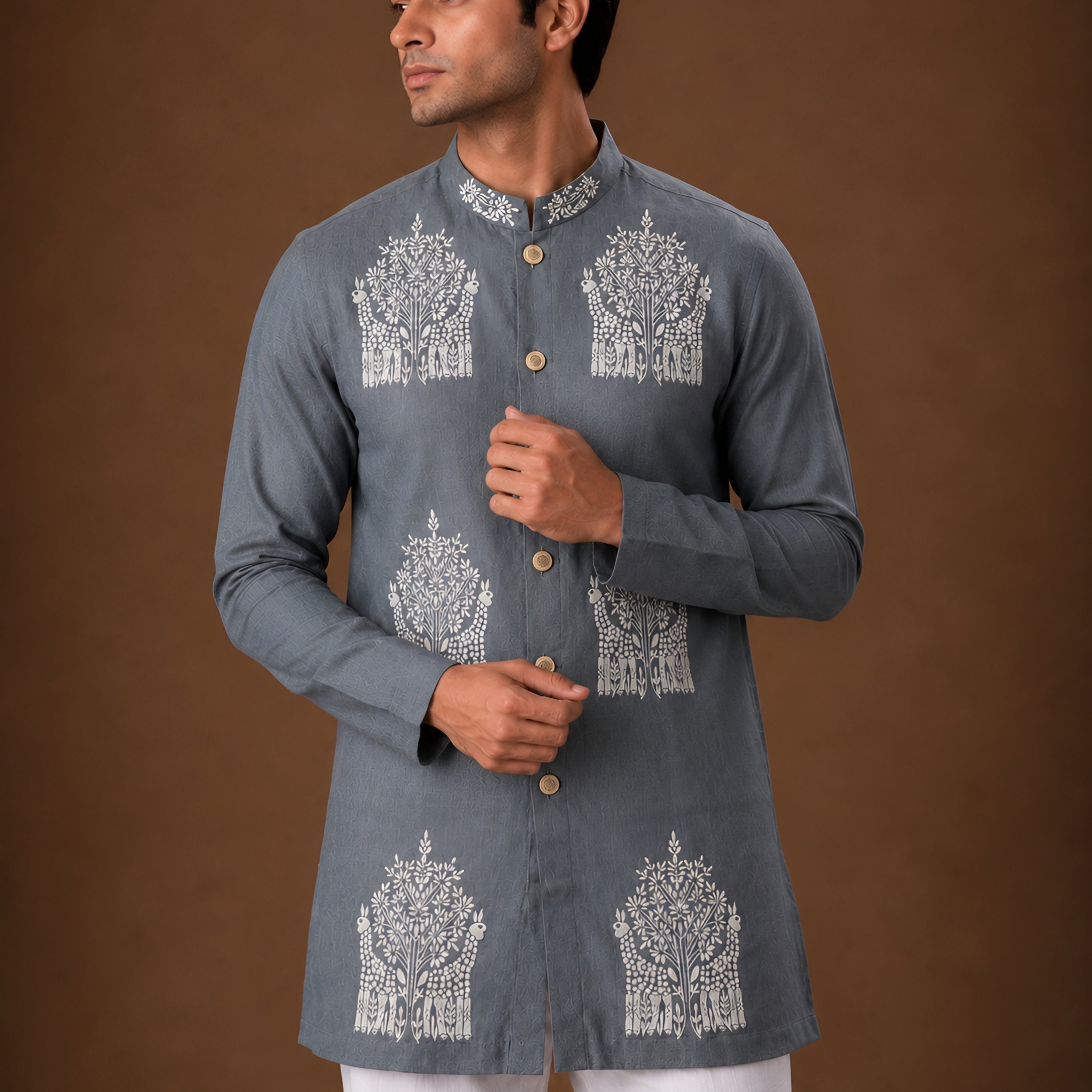 Premium Steel Grey Embroidered Short Kurta for Men
