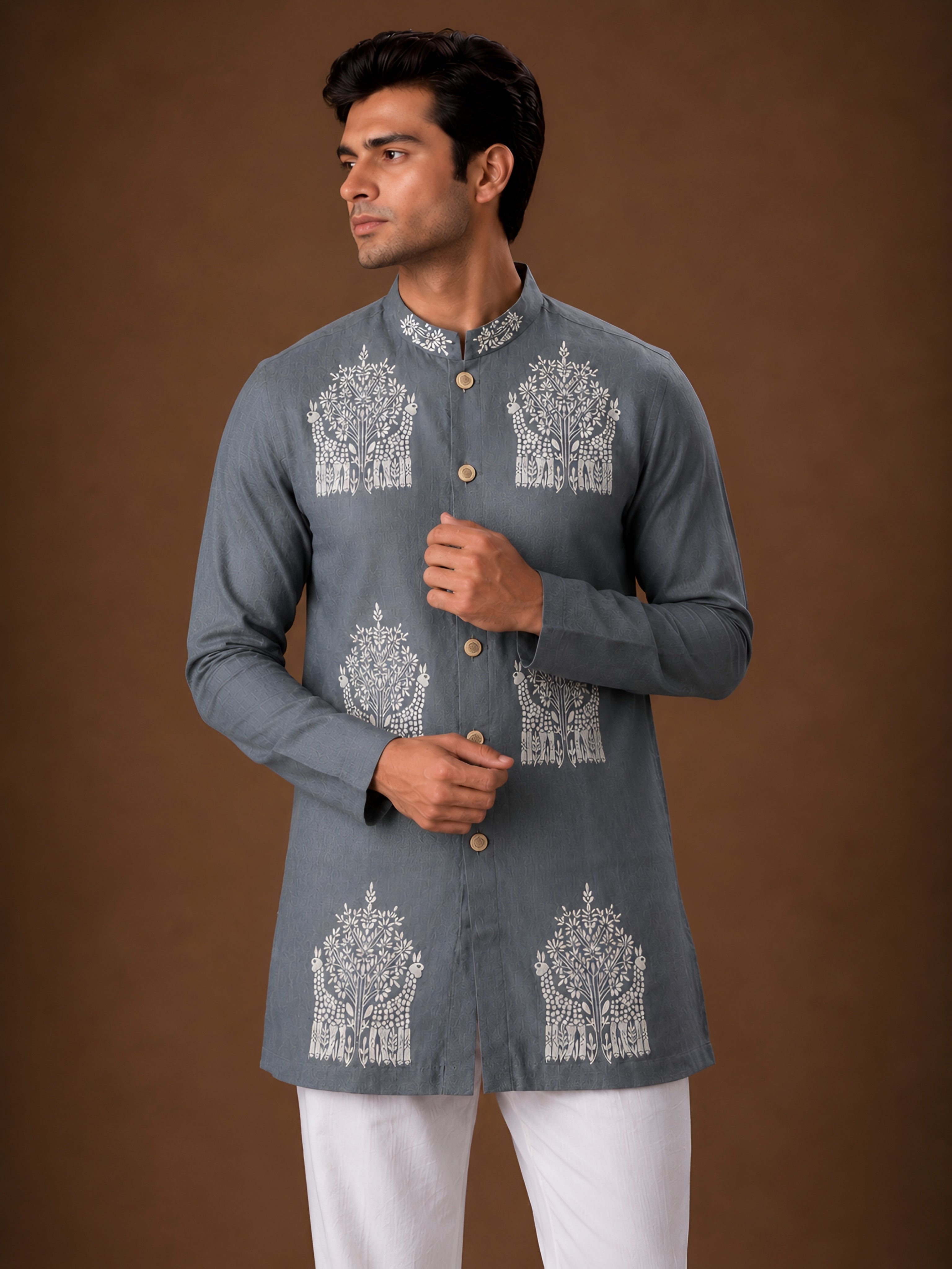 Premium Steel Grey Embroidered Short Kurta for Men