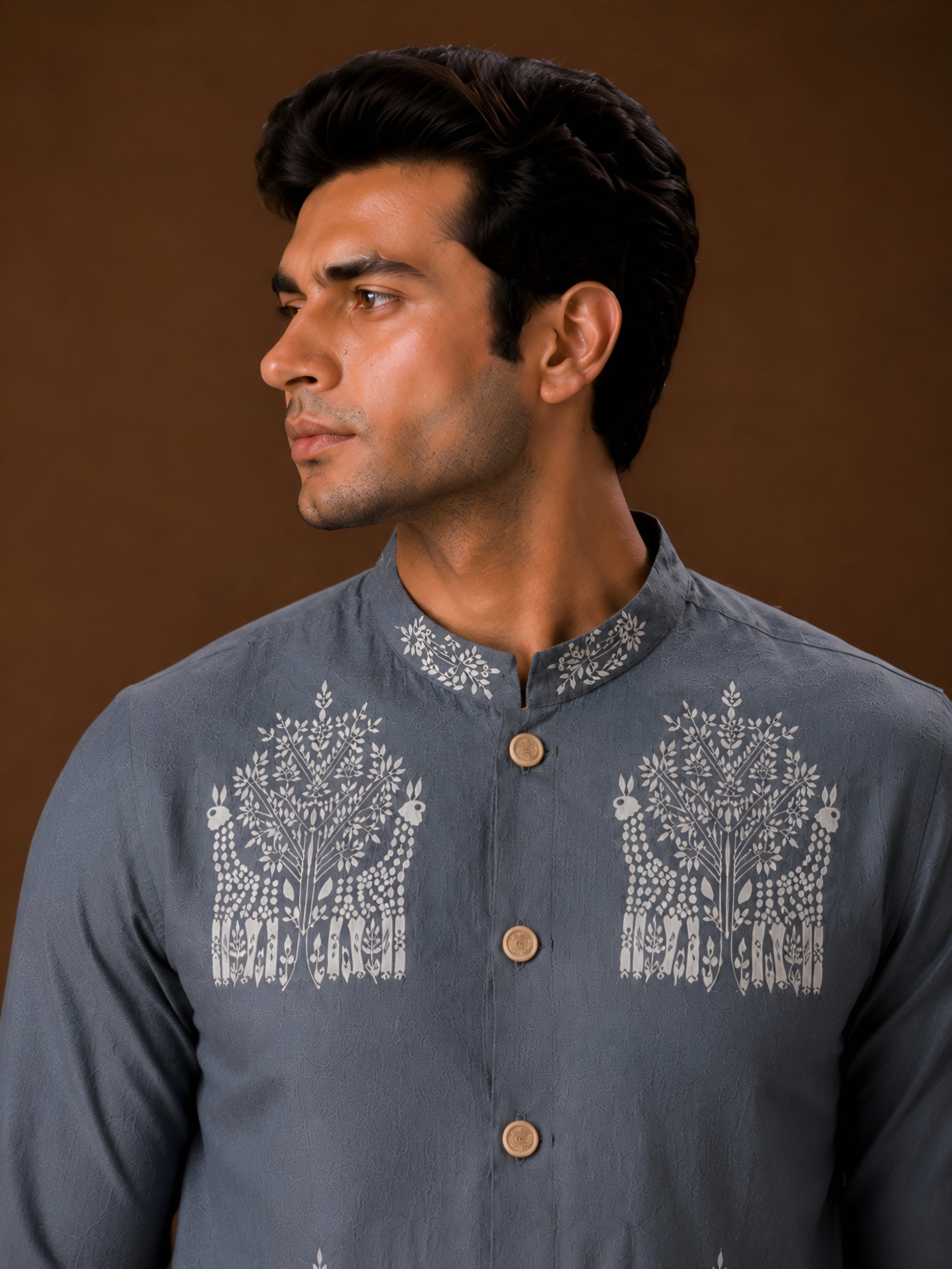 Premium Steel Grey Embroidered Short Kurta for Men