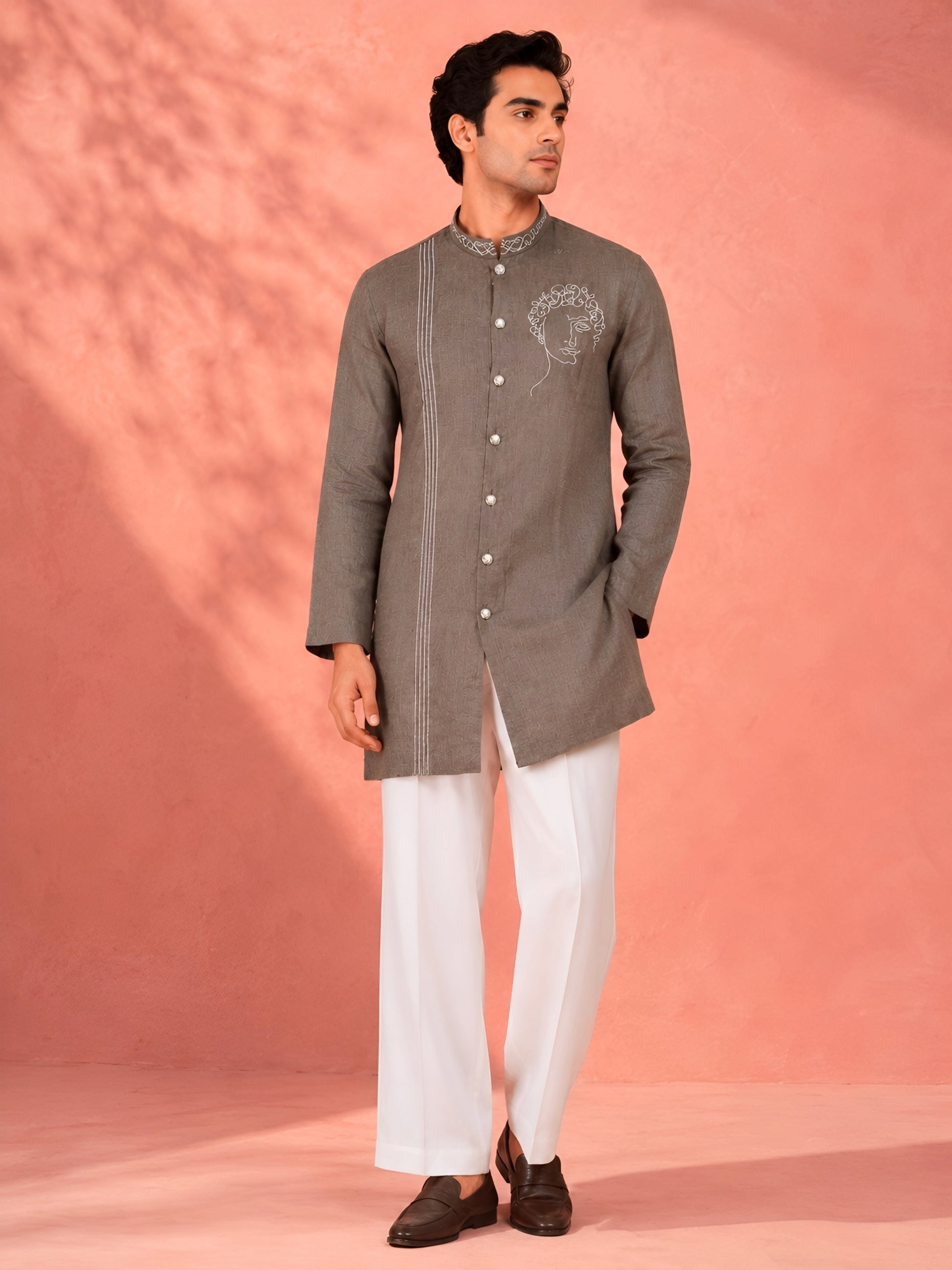 Premium Coffee Brown Designer Linen Short Kurta for Men