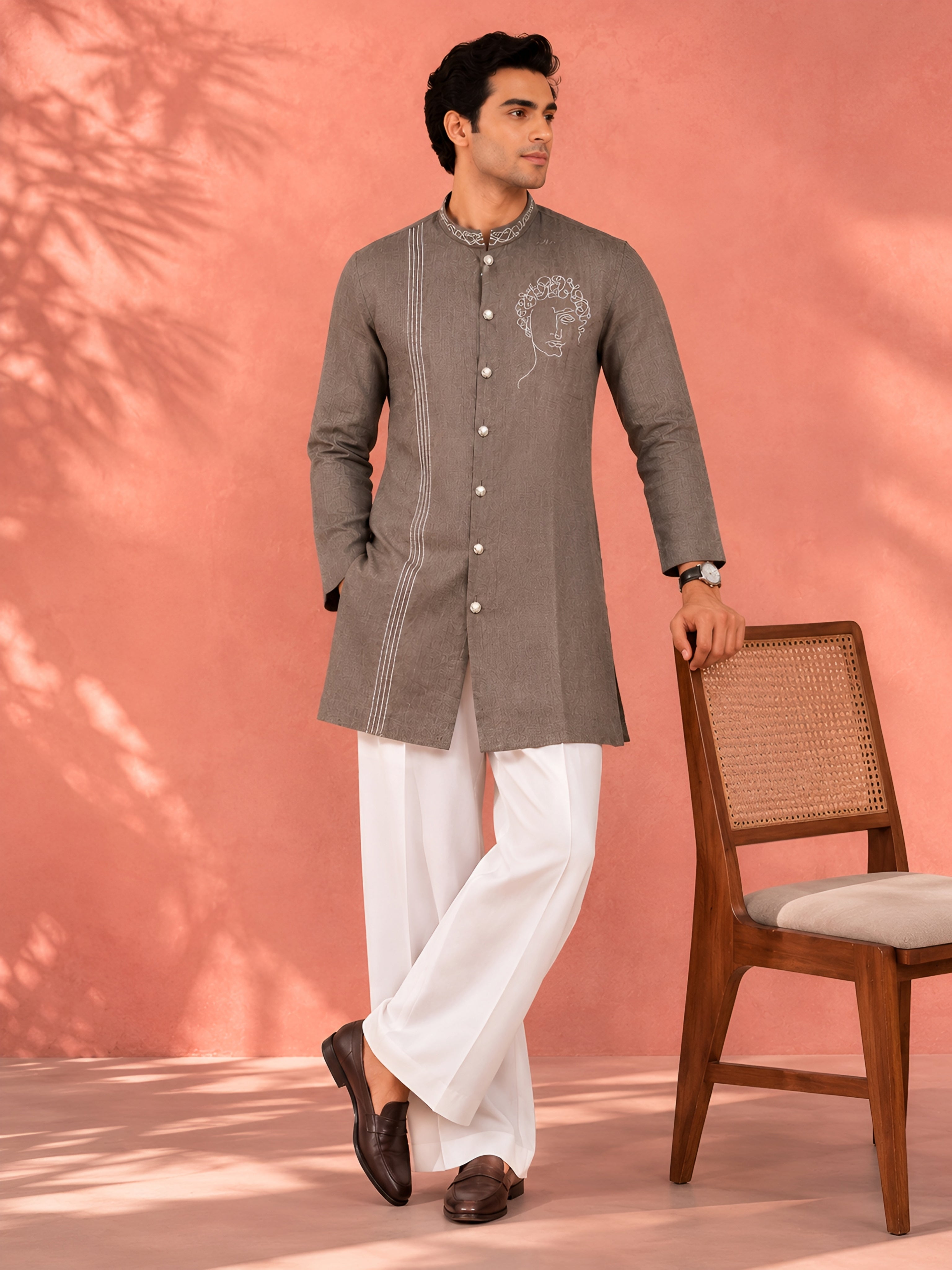 Premium Coffee Brown Designer Linen Short Kurta for Men