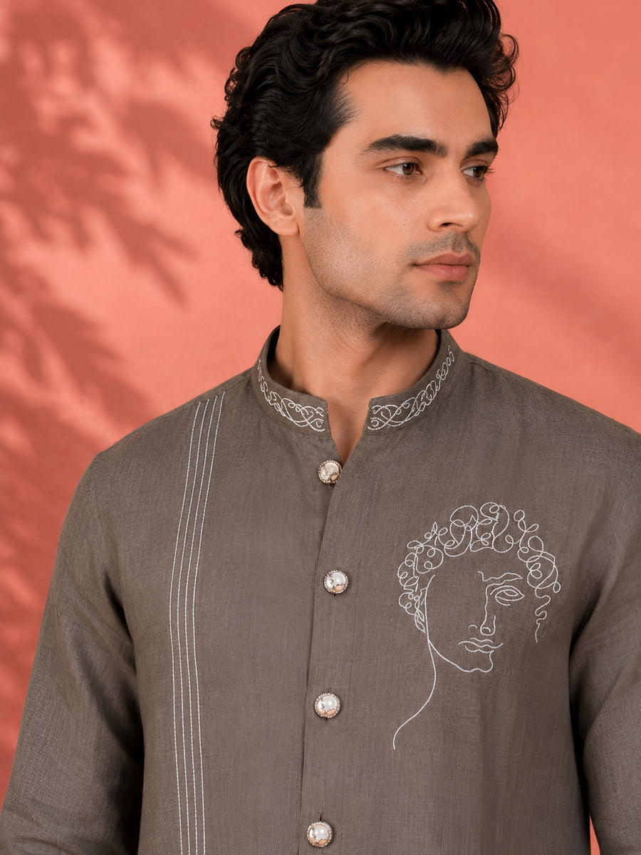 Premium Coffee Brown Designer Linen Short Kurta for Men