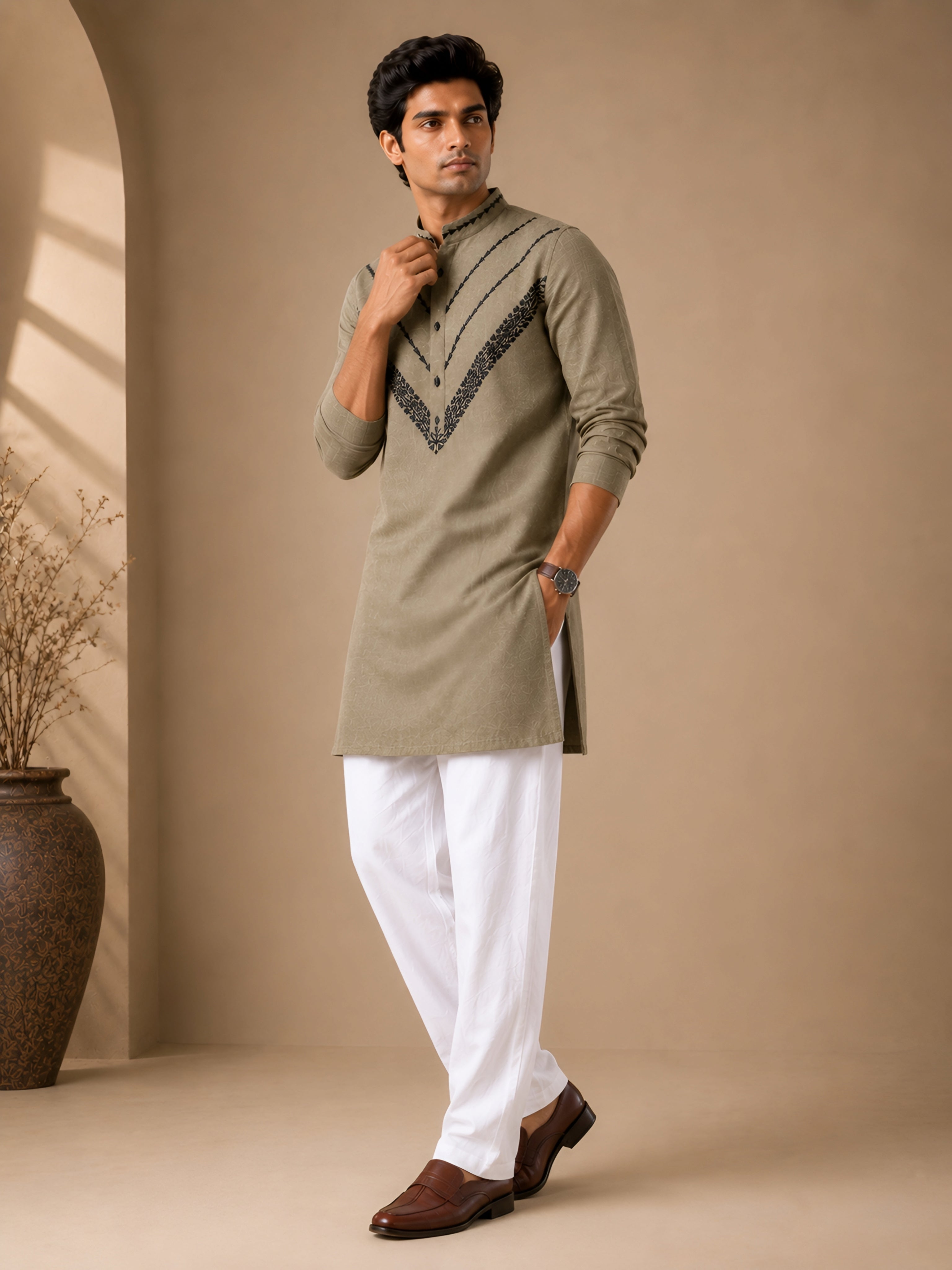 Premium Olive Green Pure Linen Short Kurta for Men