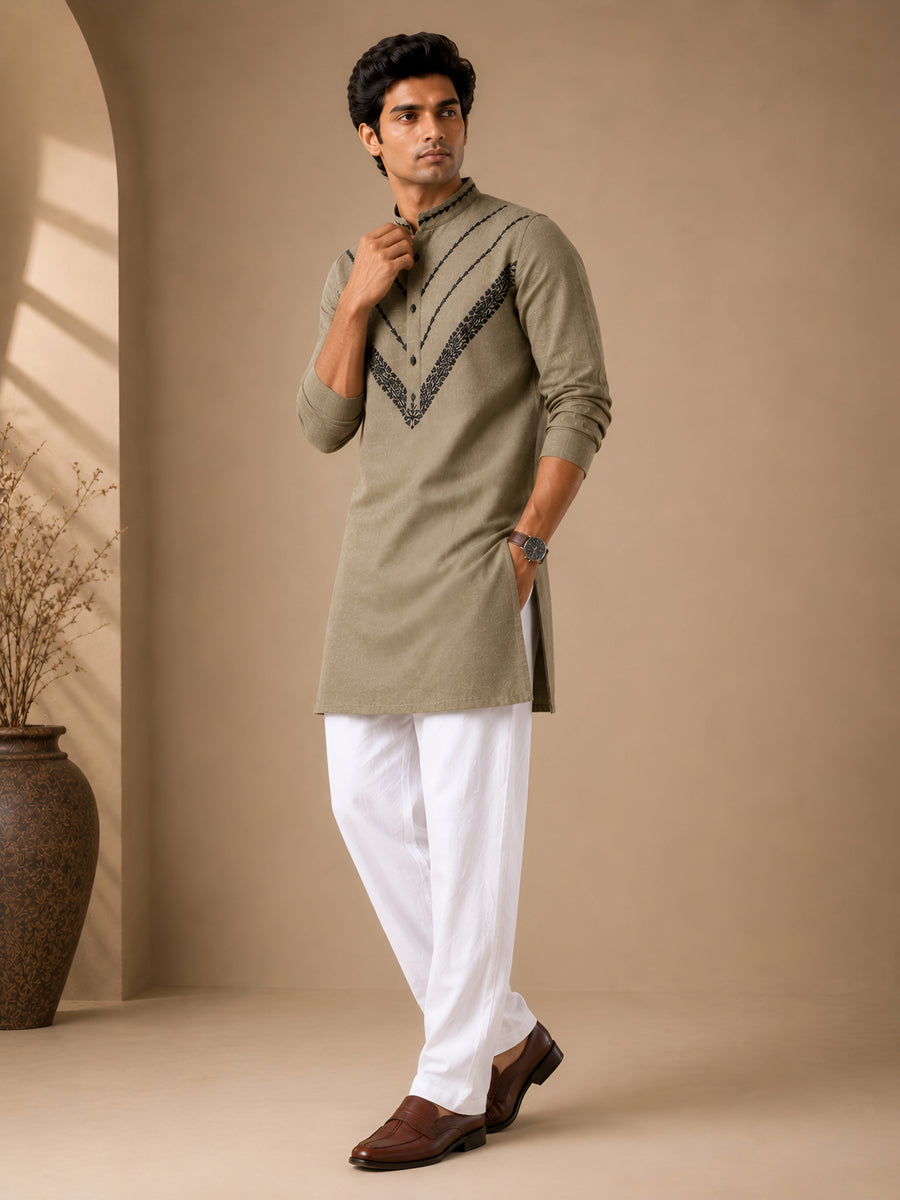 Premium Olive Green Pure Linen Short Kurta for Men