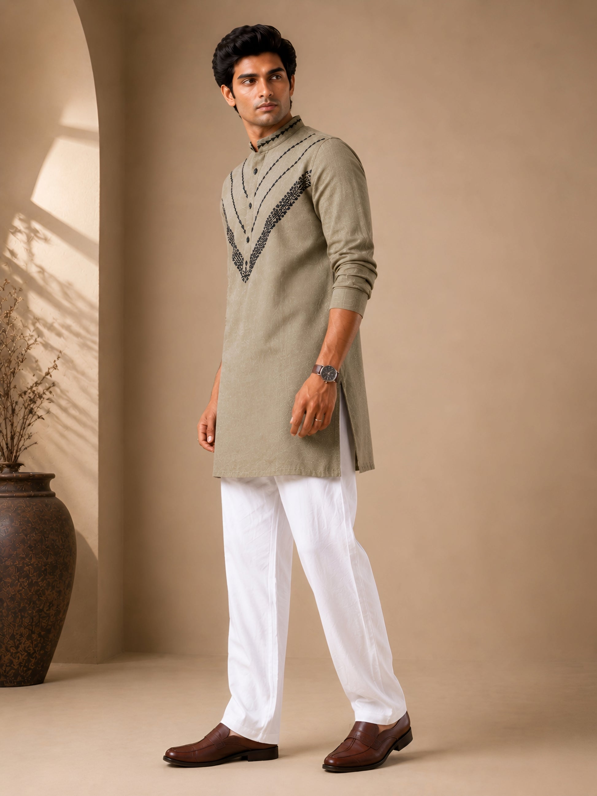 Premium Olive Green Pure Linen Short Kurta for Men