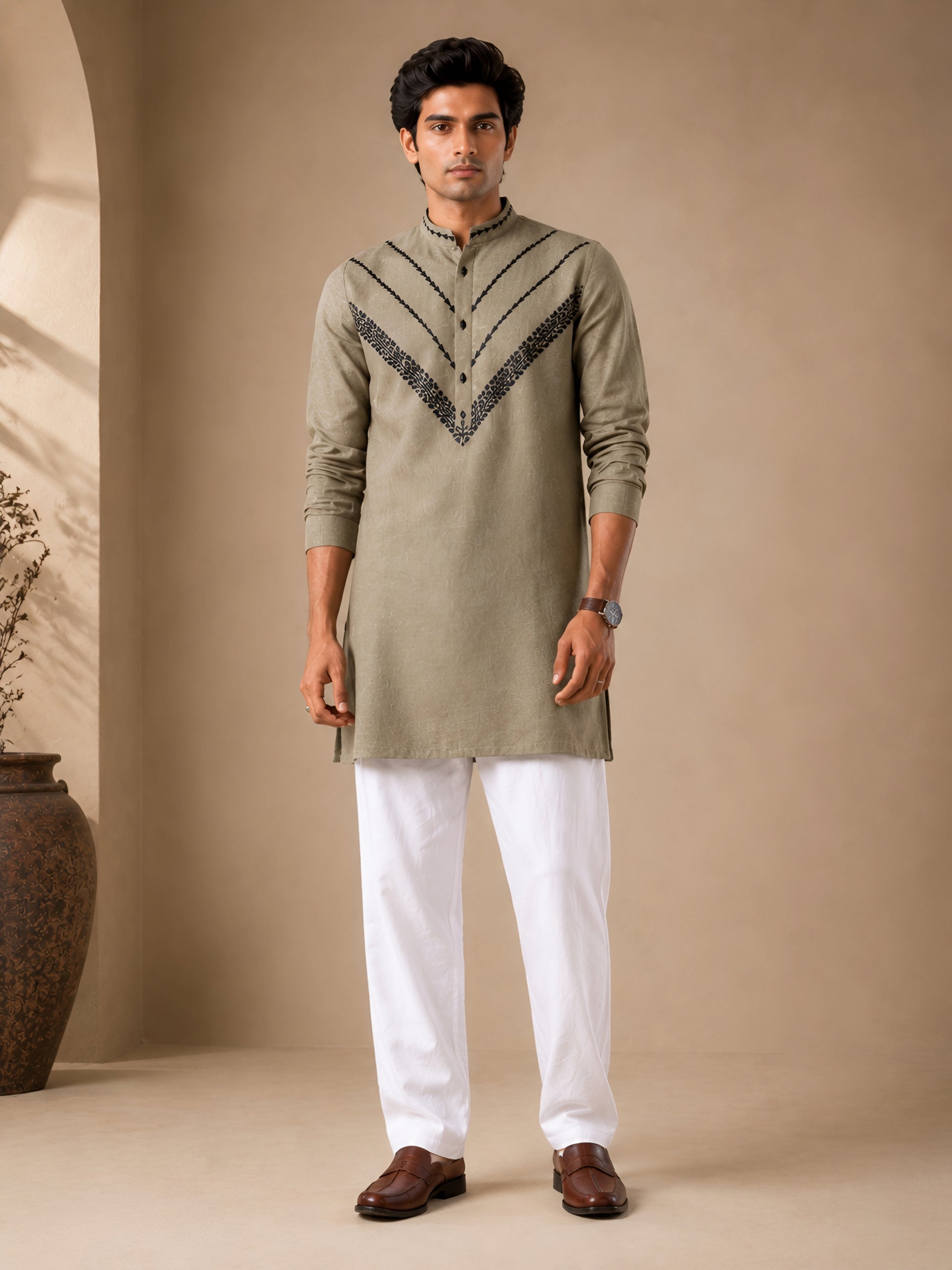 Premium Olive Green Pure Linen Short Kurta for Men