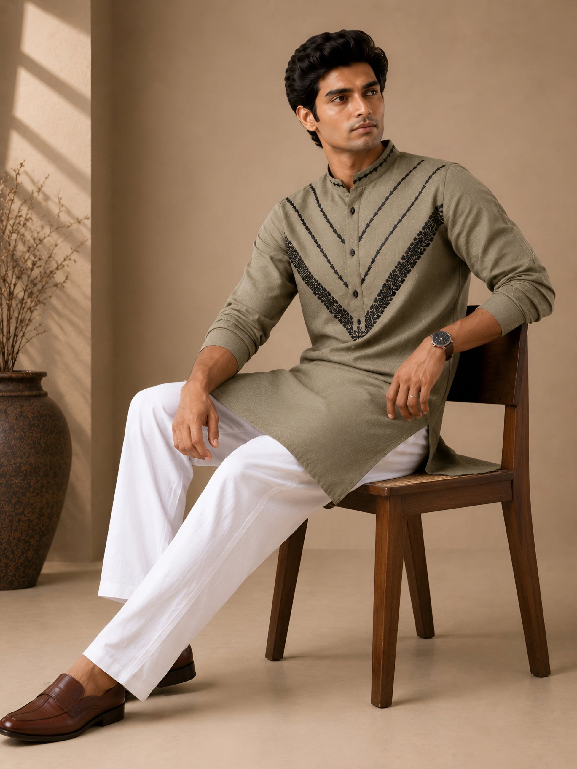 Premium Olive Green Pure Linen Short Kurta for Men