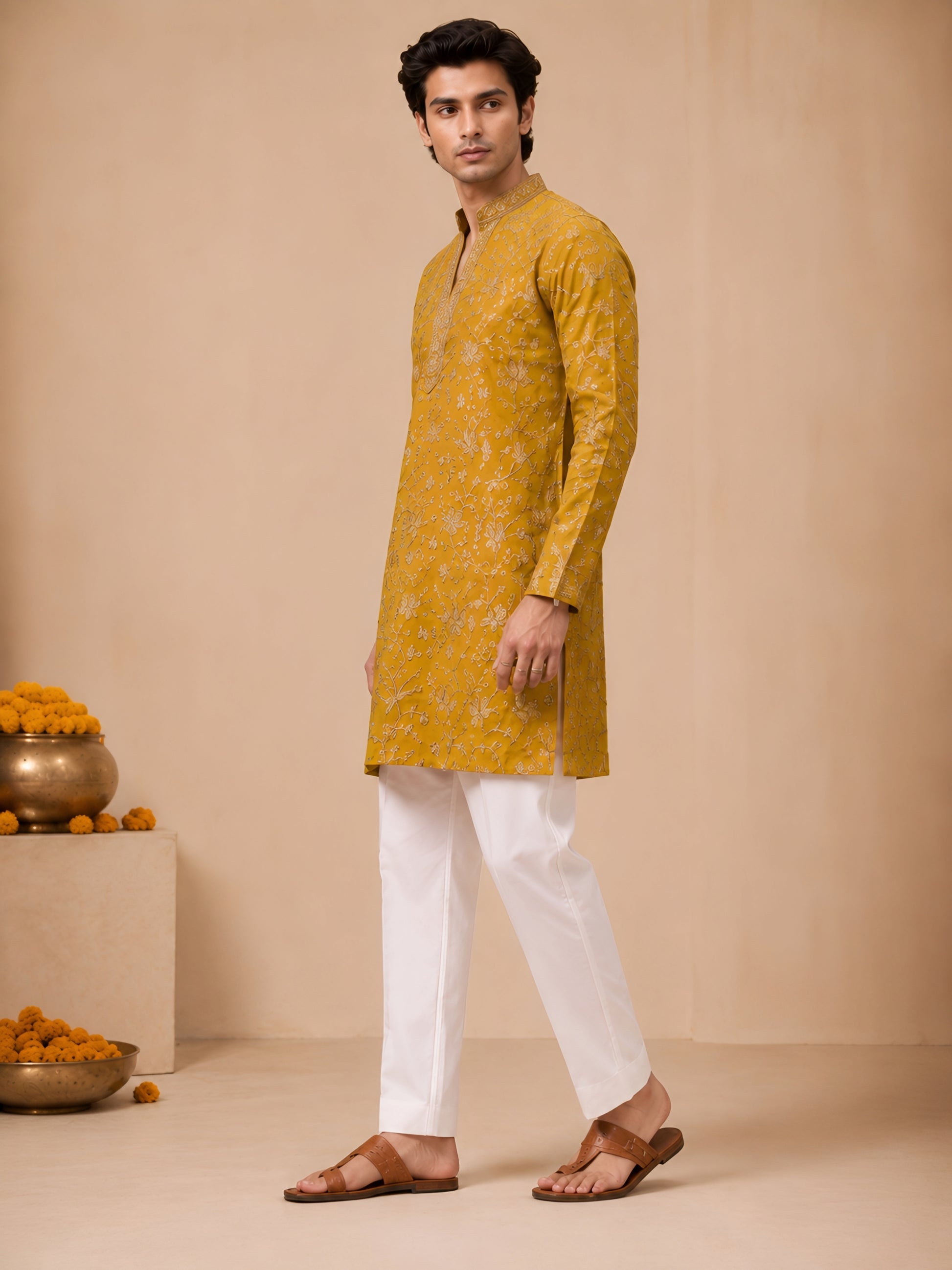 Premium Mustard V-Neck Heavy Embroidered Short Kurta for Men