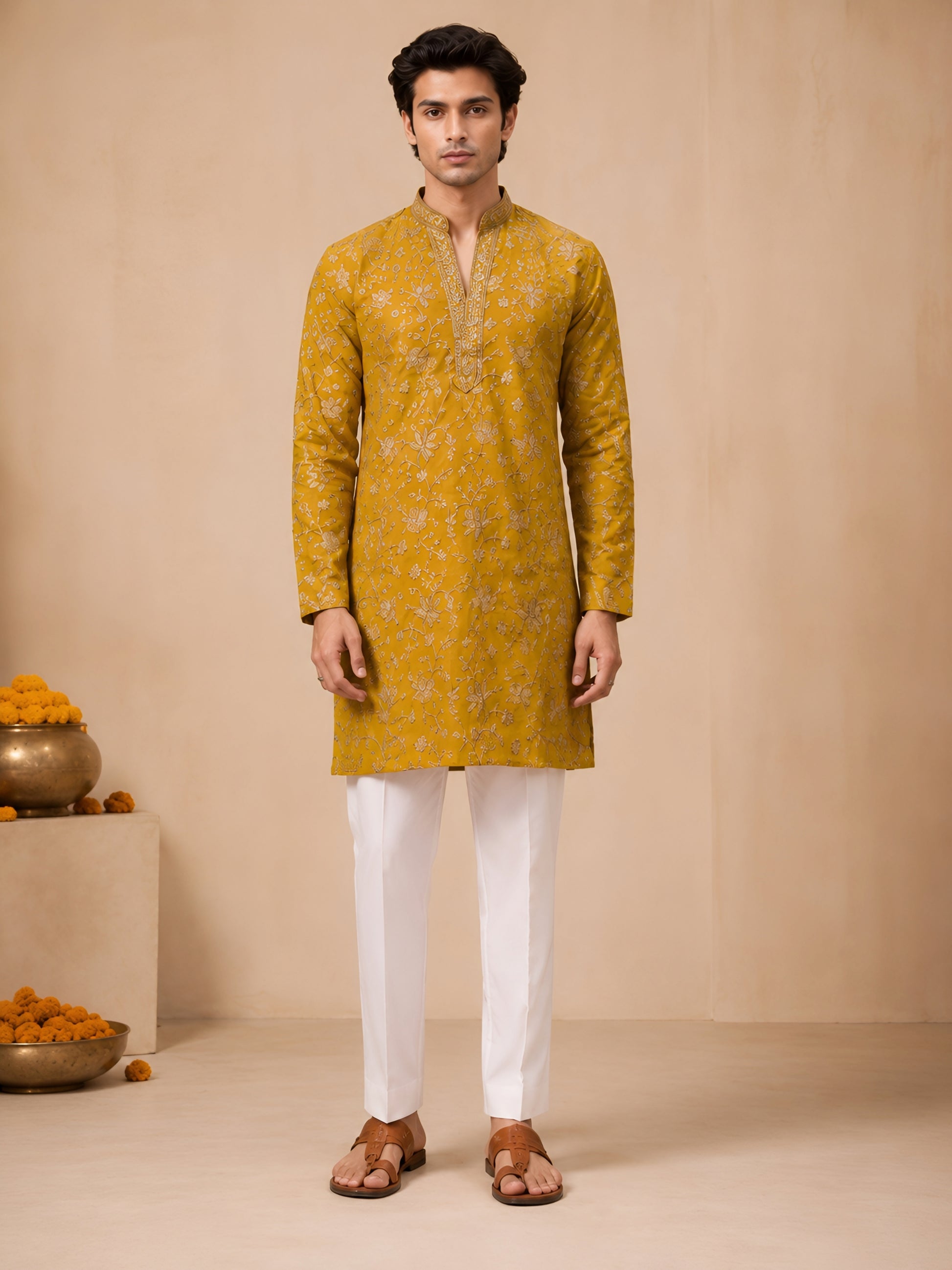 Premium Mustard V-Neck Heavy Embroidered Short Kurta for Men