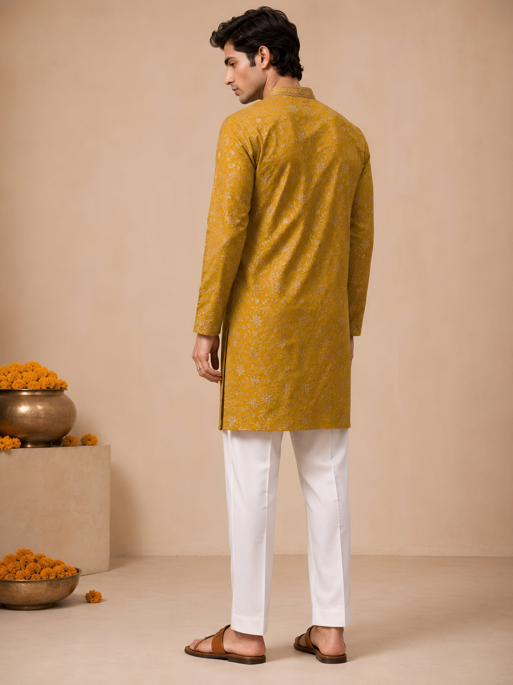 Premium Mustard V-Neck Heavy Embroidered Short Kurta for Men