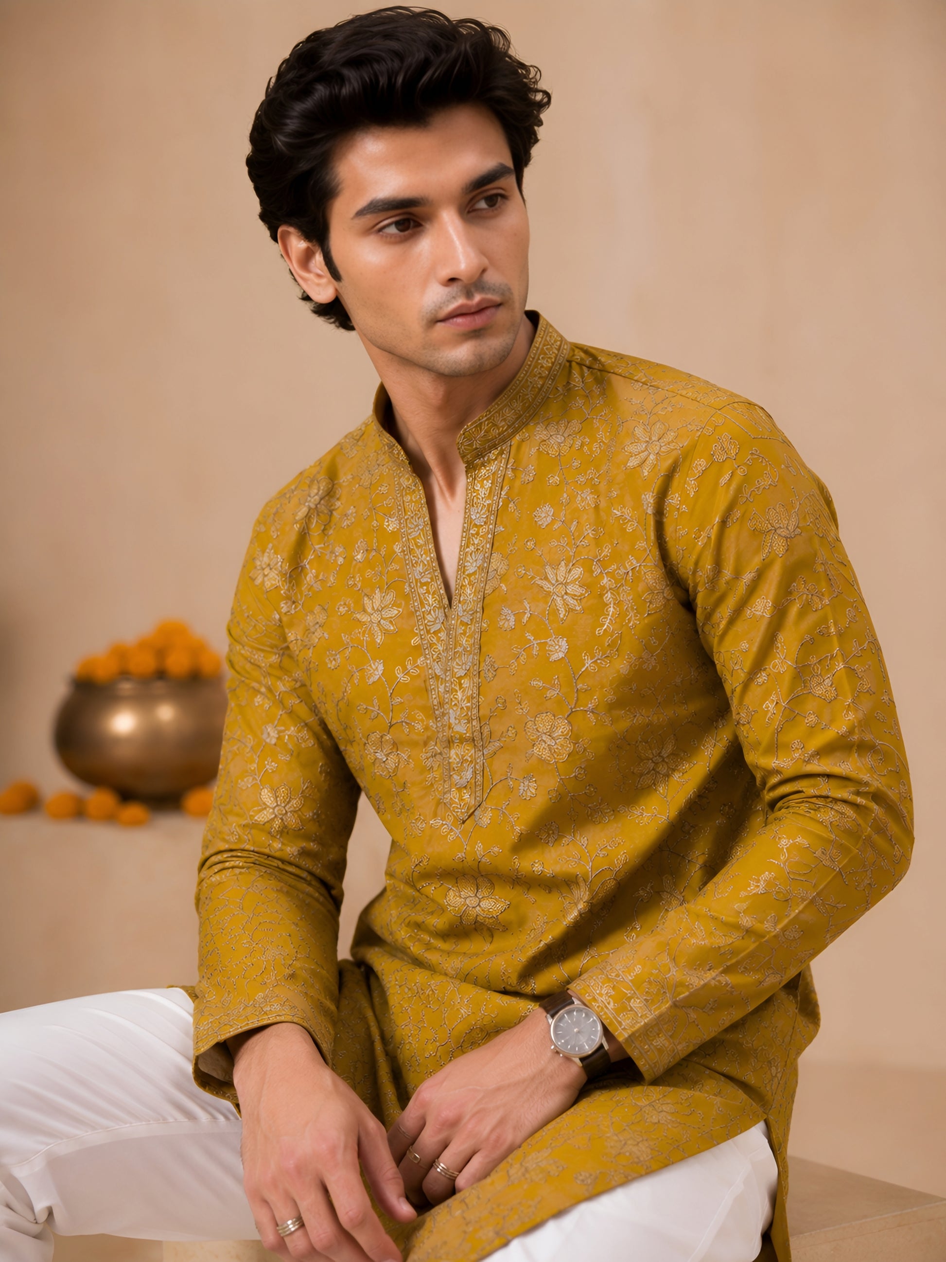 Premium Mustard V-Neck Heavy Embroidered Short Kurta for Men