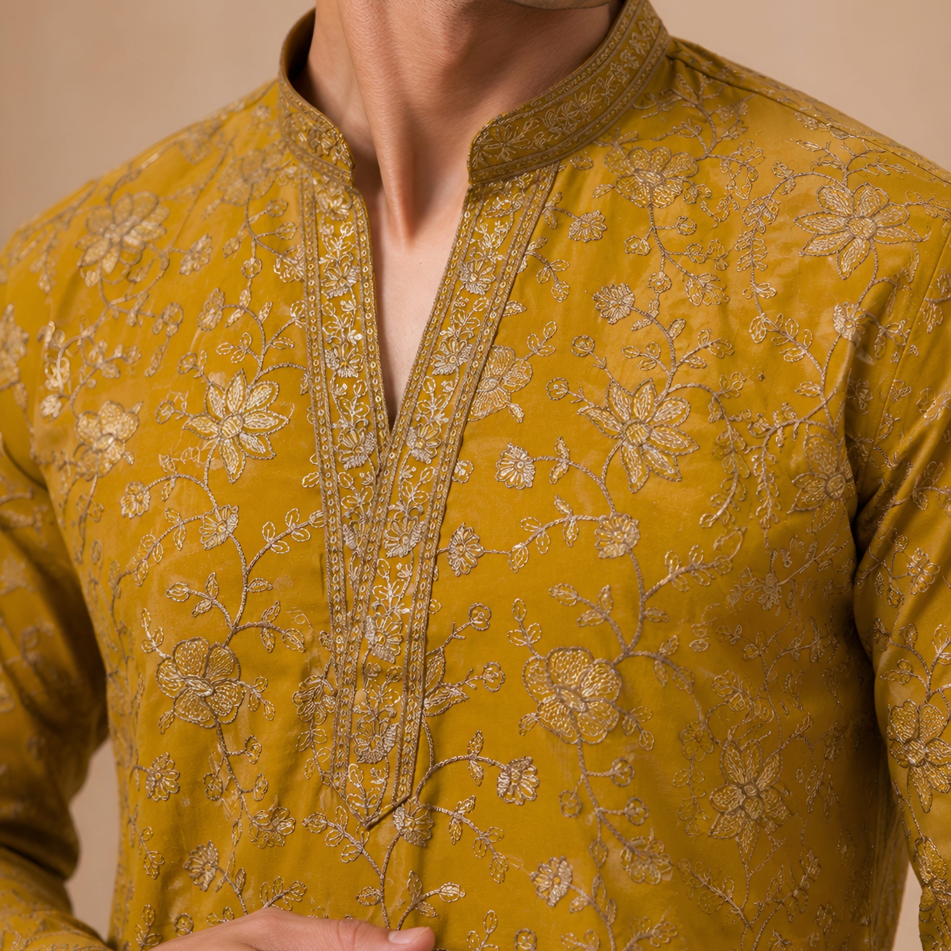 Premium Mustard V-Neck Heavy Embroidered Short Kurta for Men