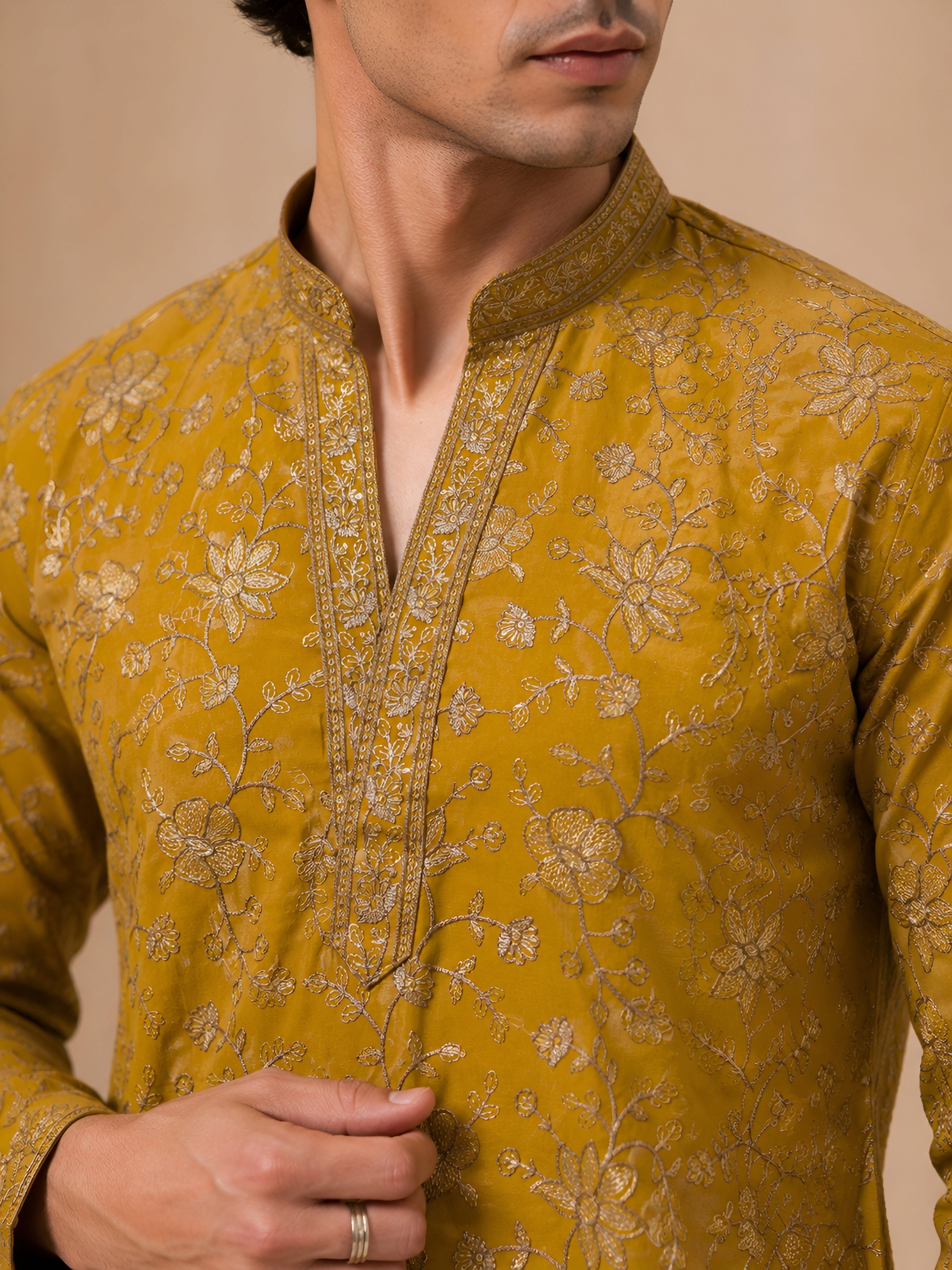 Premium Mustard V-Neck Heavy Embroidered Short Kurta for Men