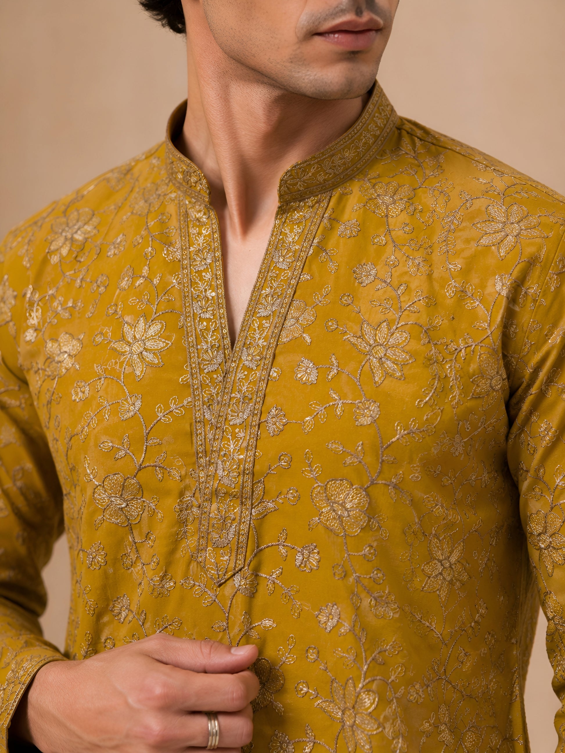 Premium Mustard V-Neck Heavy Embroidered Short Kurta for Men