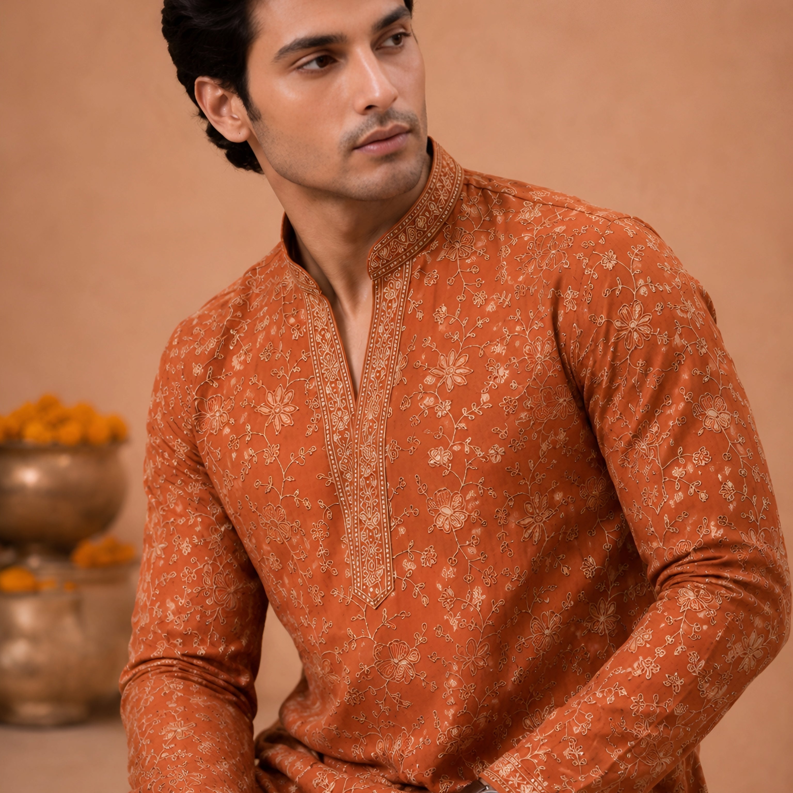 Premium Rust Orange V-Neck Heavy Embroidered Short Kurta for Men
