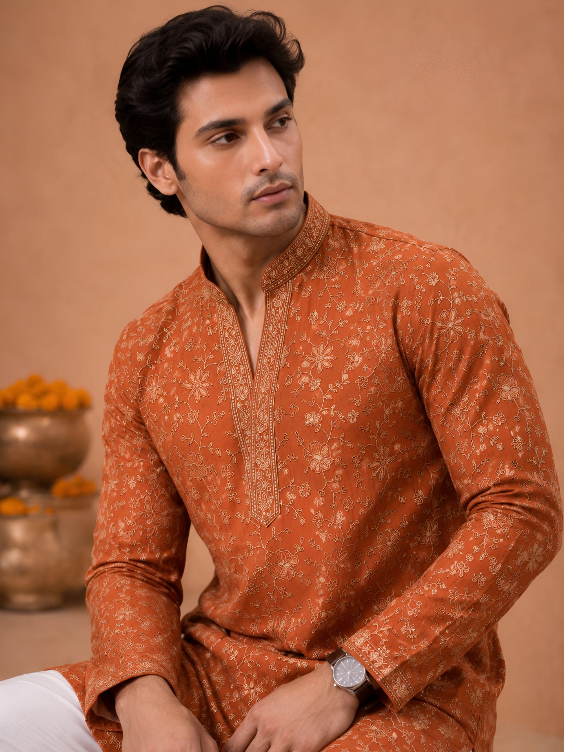 Premium Rust Orange V-Neck Heavy Embroidered Short Kurta for Men