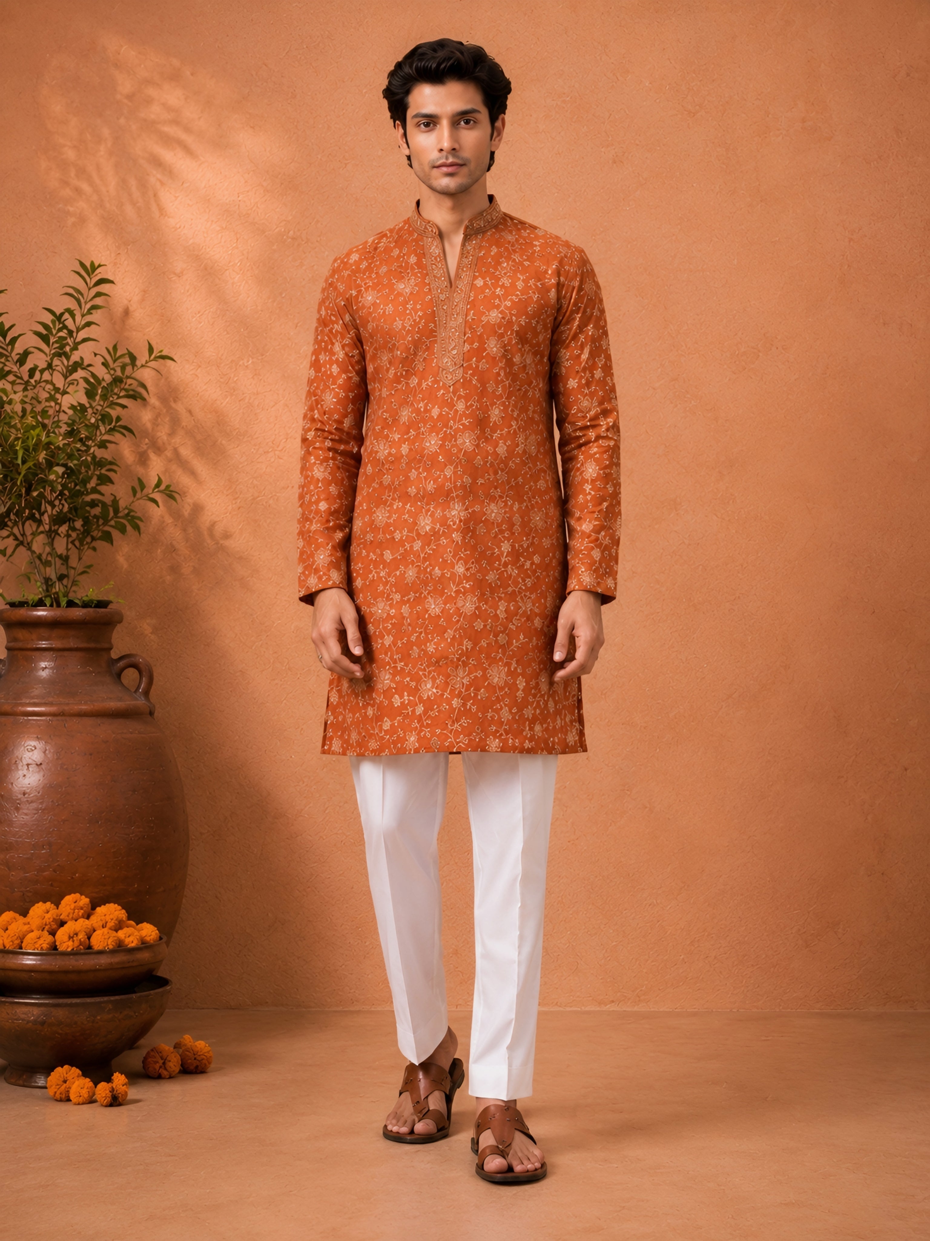 "Rust orange embroidered men's kurta - Tulsiya"