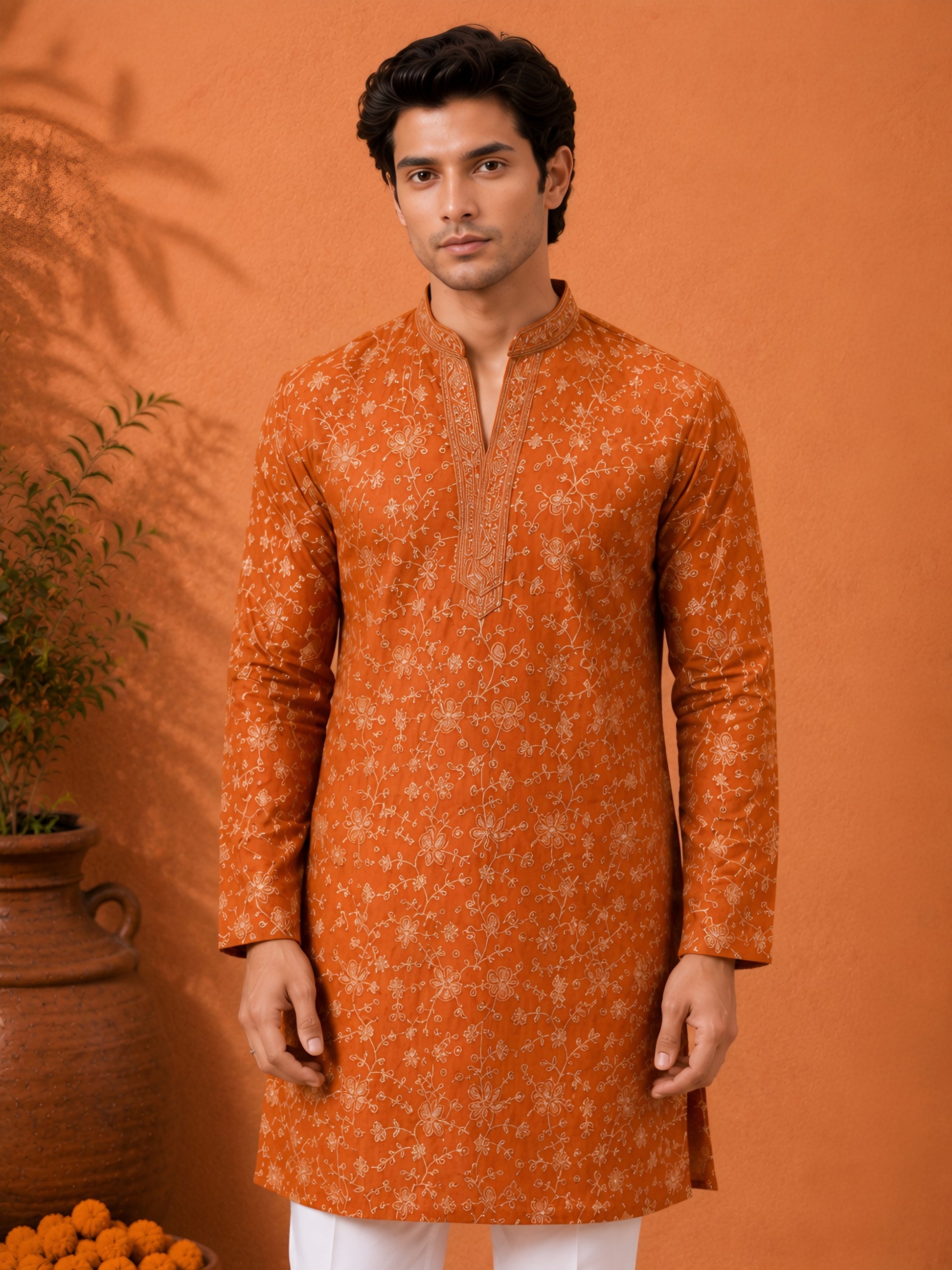 Premium Rust Orange V-Neck Heavy Embroidered Short Kurta for Men
