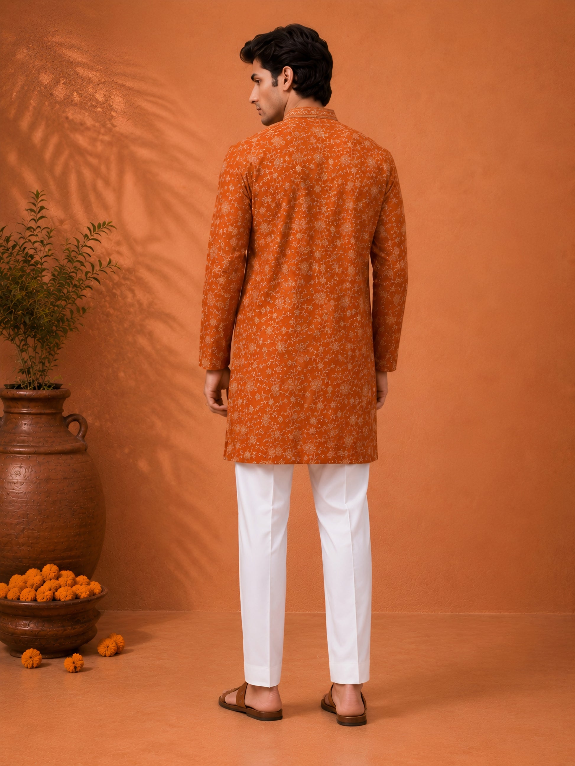 Premium Rust Orange V-Neck Heavy Embroidered Short Kurta for Men