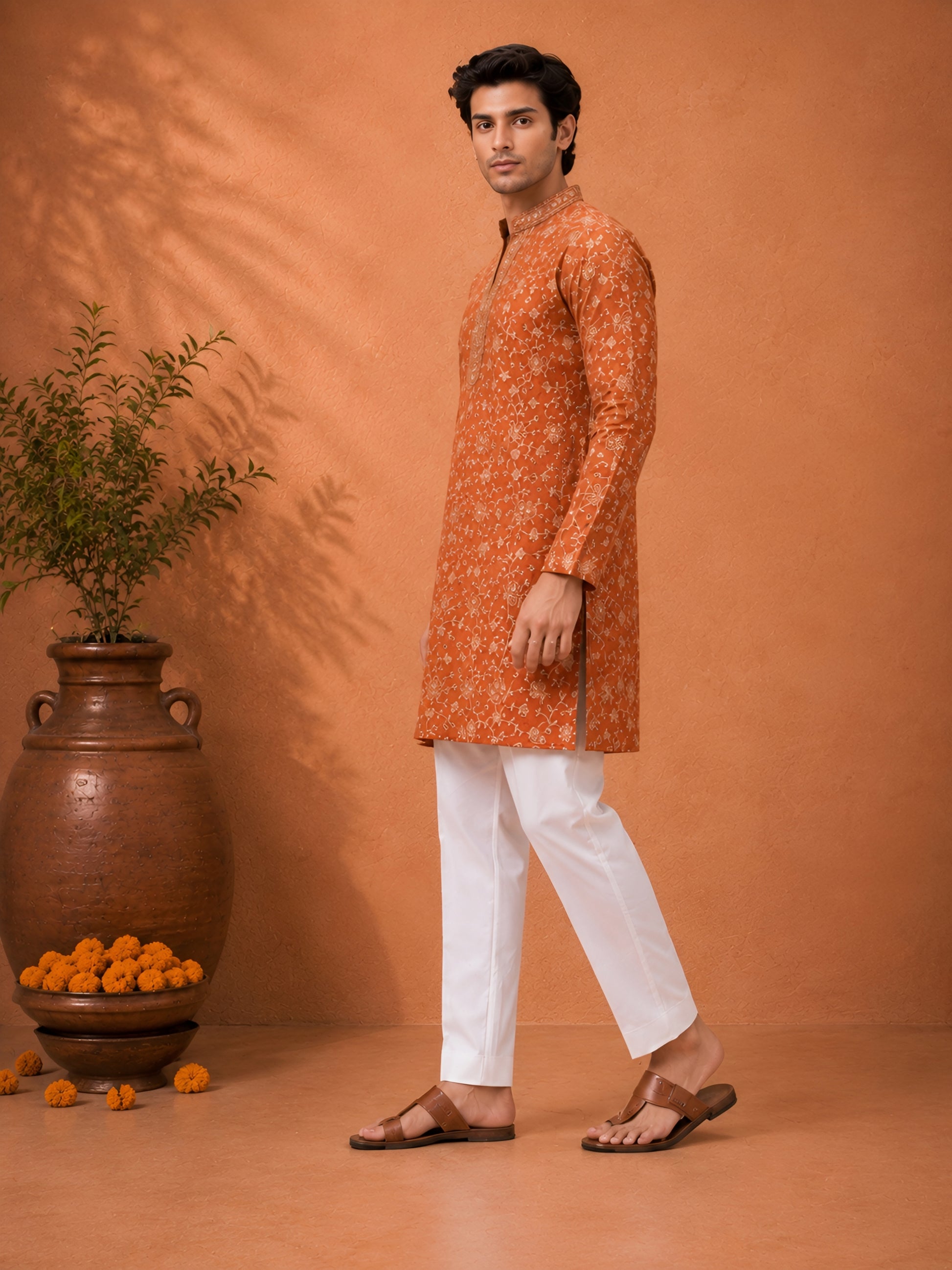 Premium Rust Orange V-Neck Heavy Embroidered Short Kurta for Men