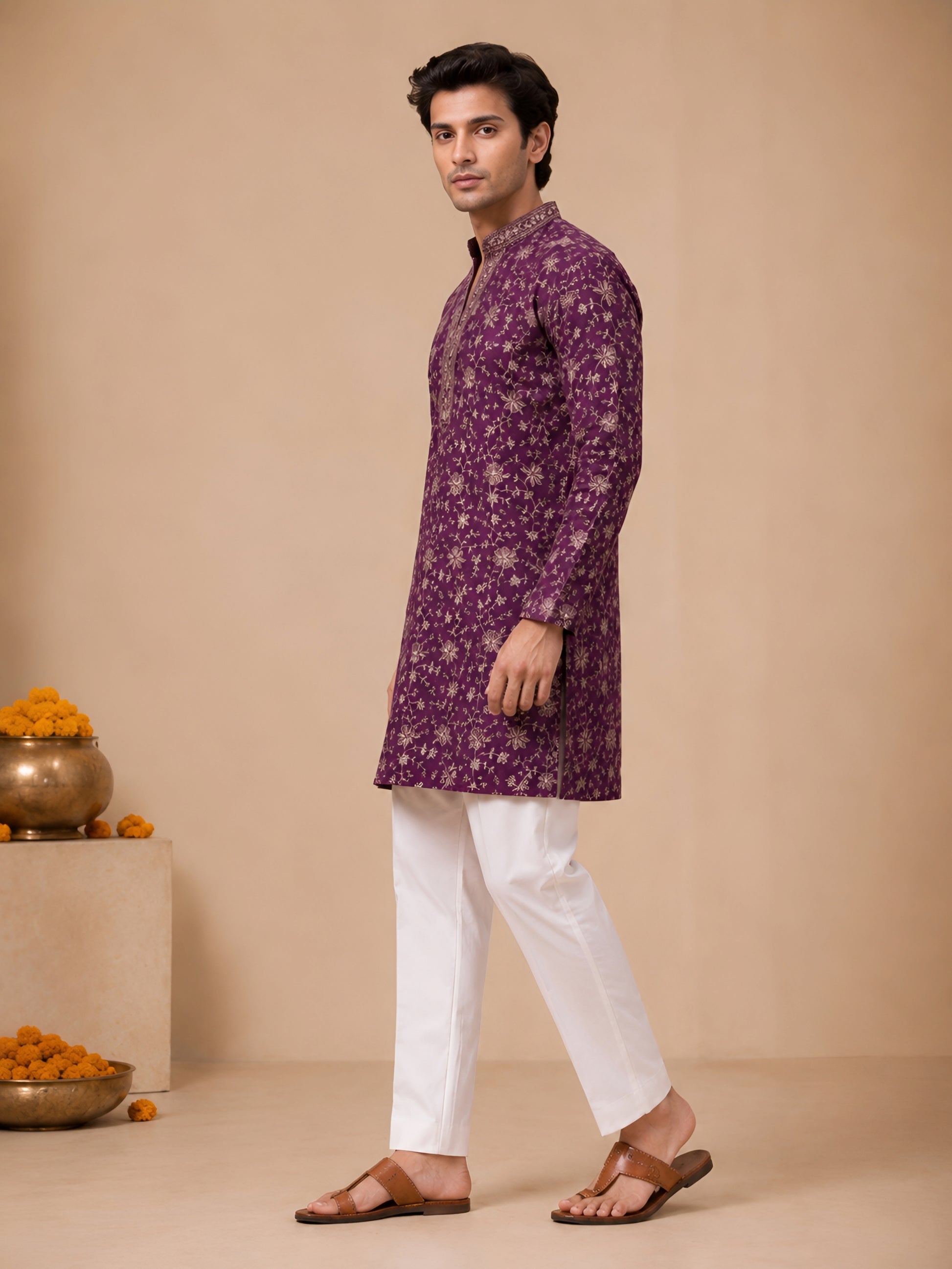 Premium Purple V-Neck Heavy Embroidered Short Kurta for Men