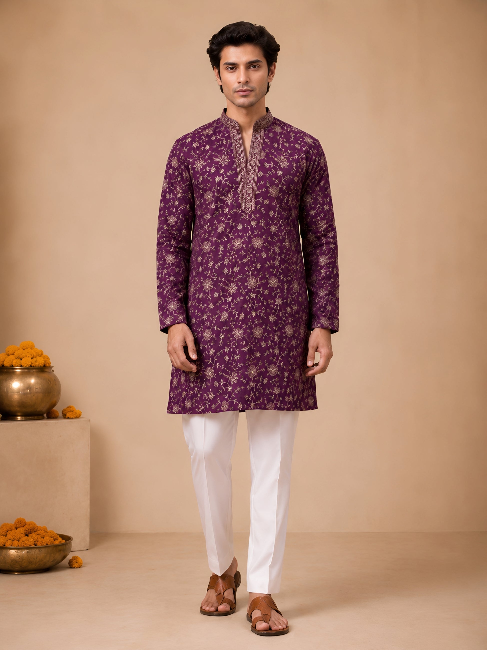 Premium Purple V-Neck Heavy Embroidered Short Kurta for Men