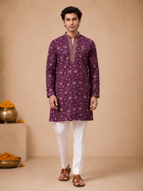 Premium Purple V-Neck Heavy Embroidered Short Kurta for Men