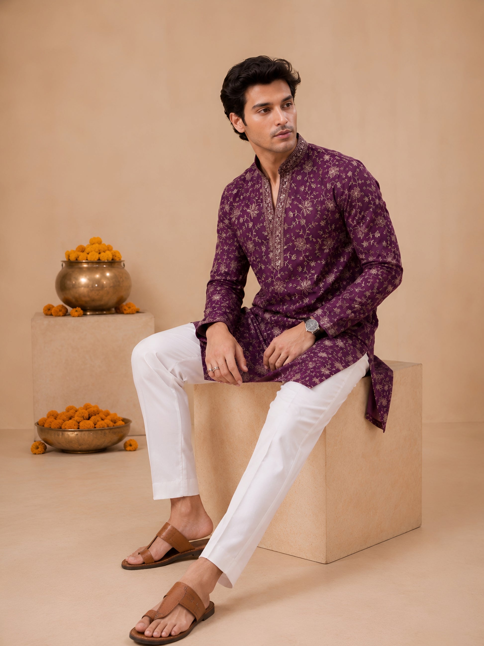 Premium Purple V-Neck Heavy Embroidered Short Kurta for Men