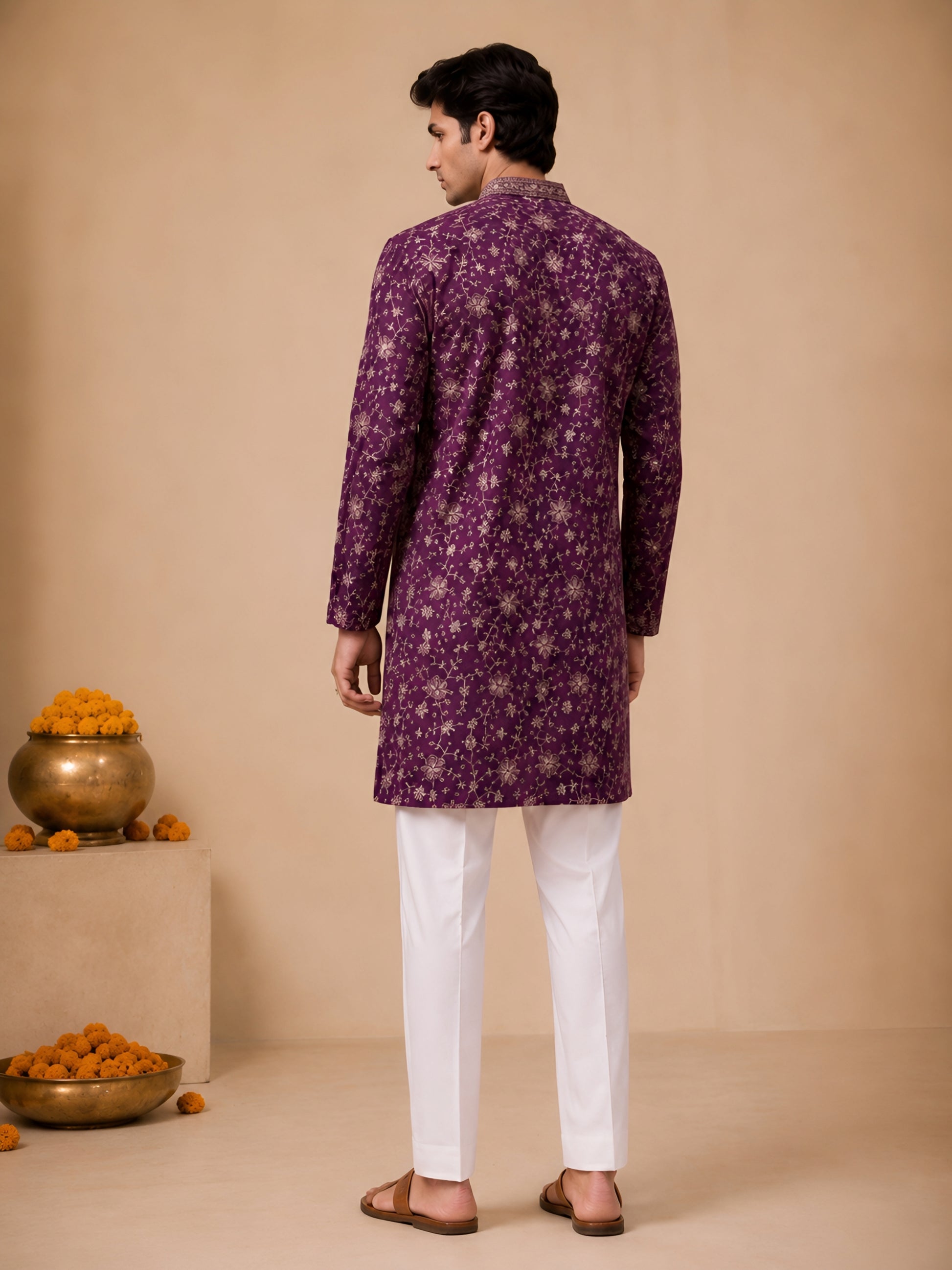 Premium Purple V-Neck Heavy Embroidered Short Kurta for Men