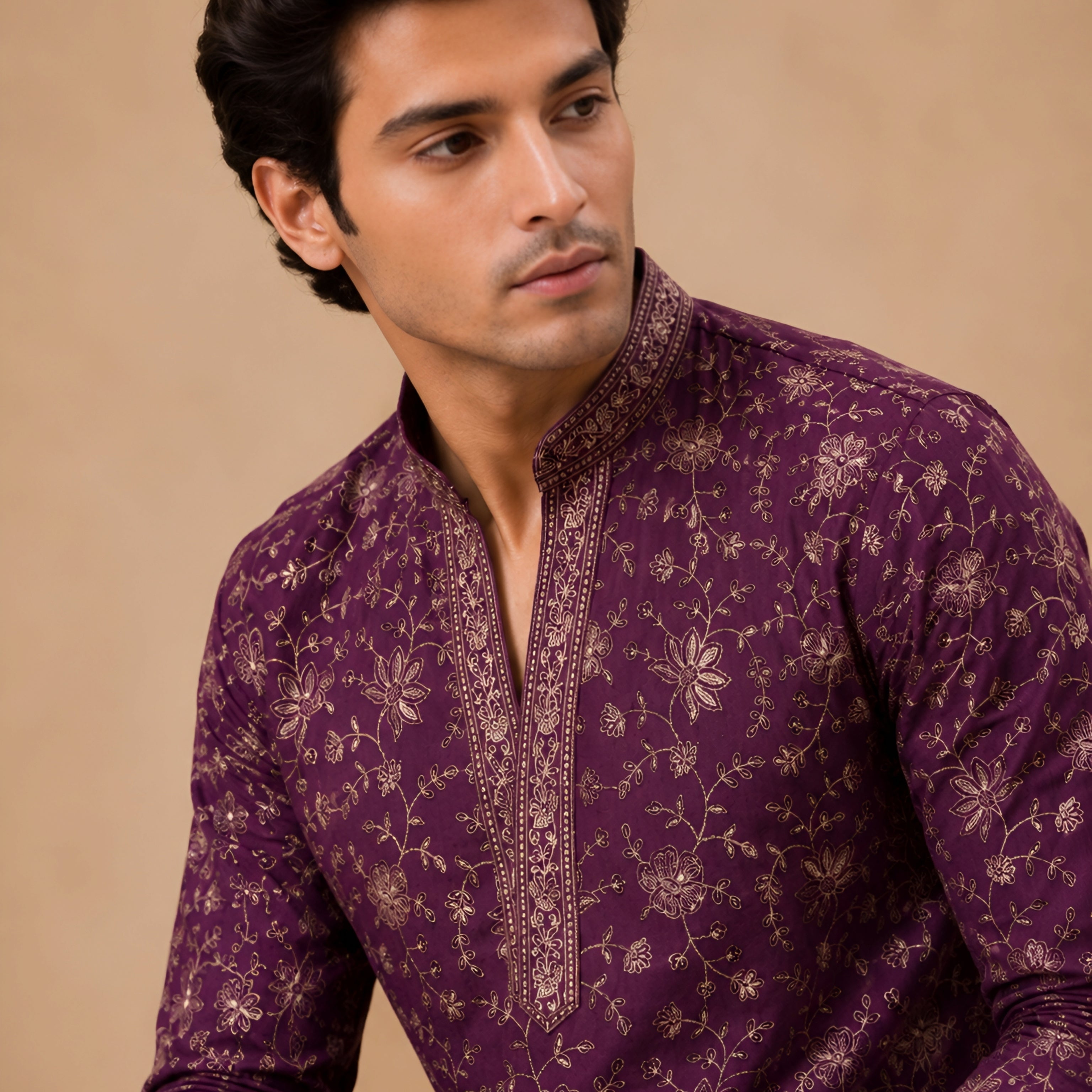 Premium Purple V-Neck Heavy Embroidered Short Kurta for Men