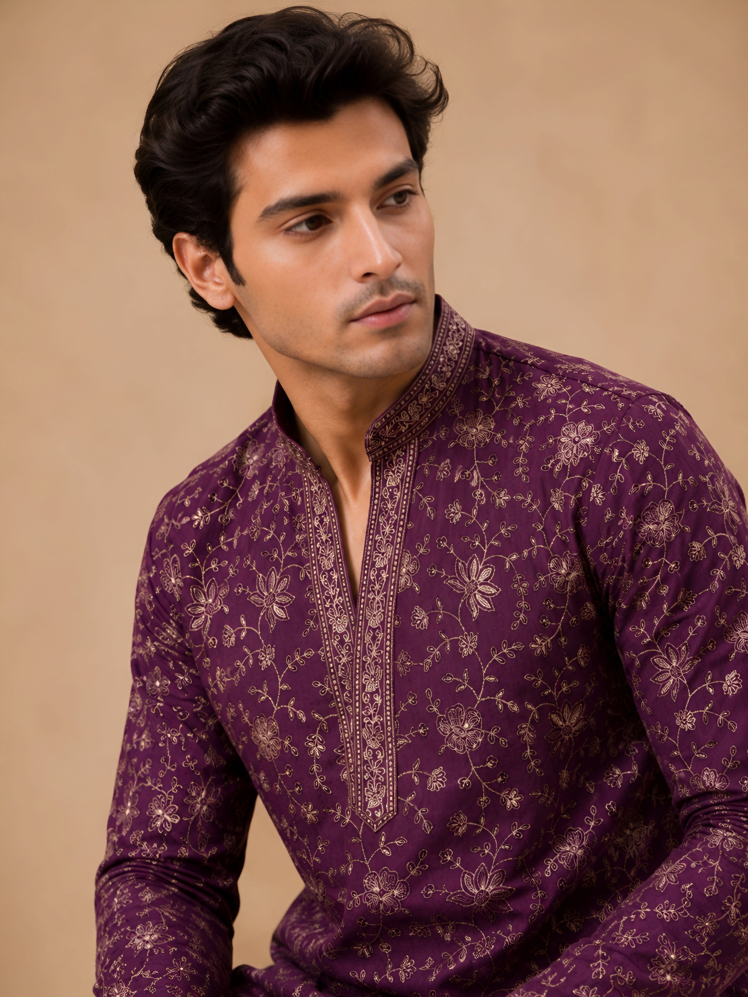 Premium Purple V-Neck Heavy Embroidered Short Kurta for Men