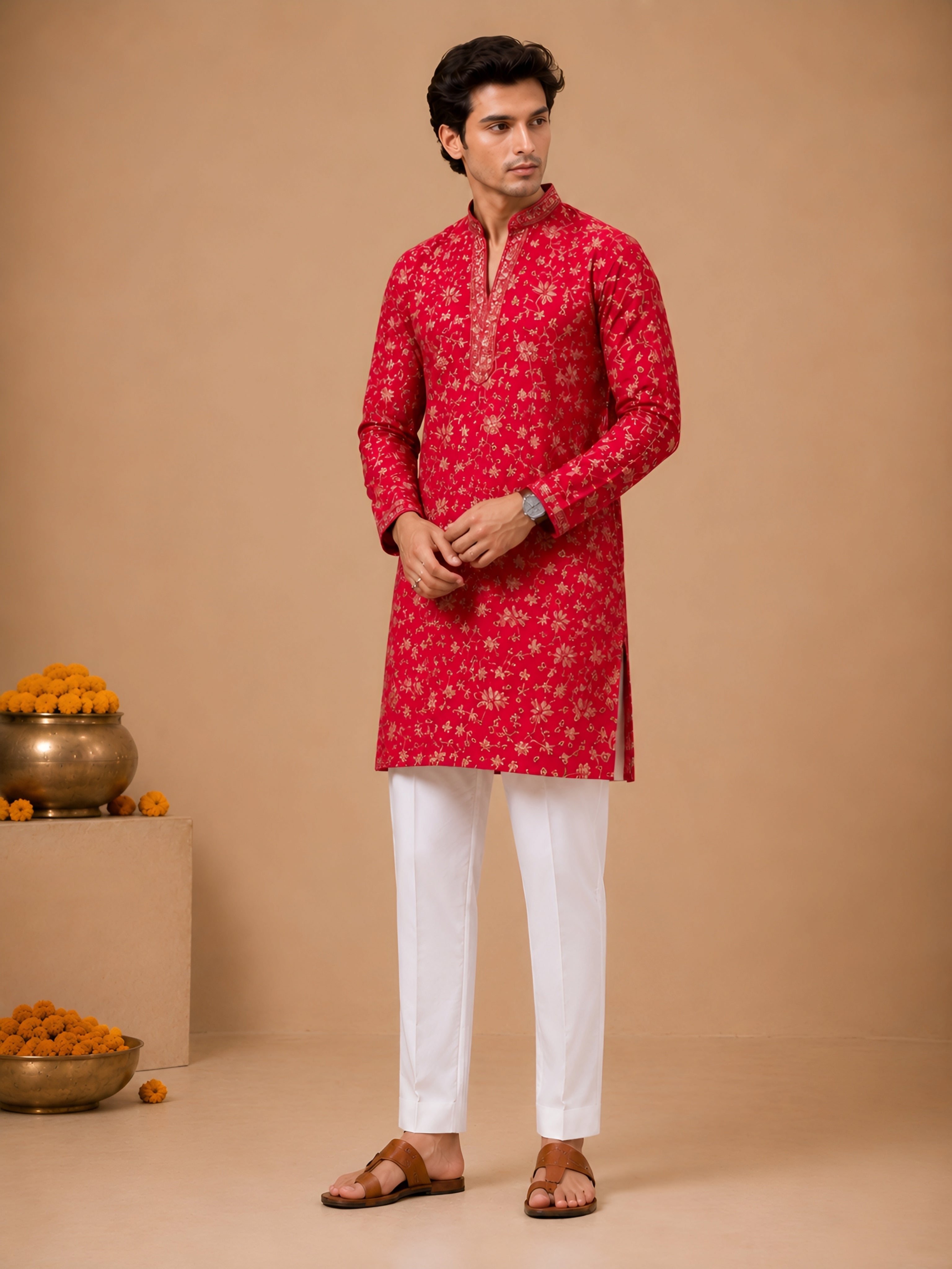 Premium Red V-Neck Heavy Embroidered Short Kurta for Men