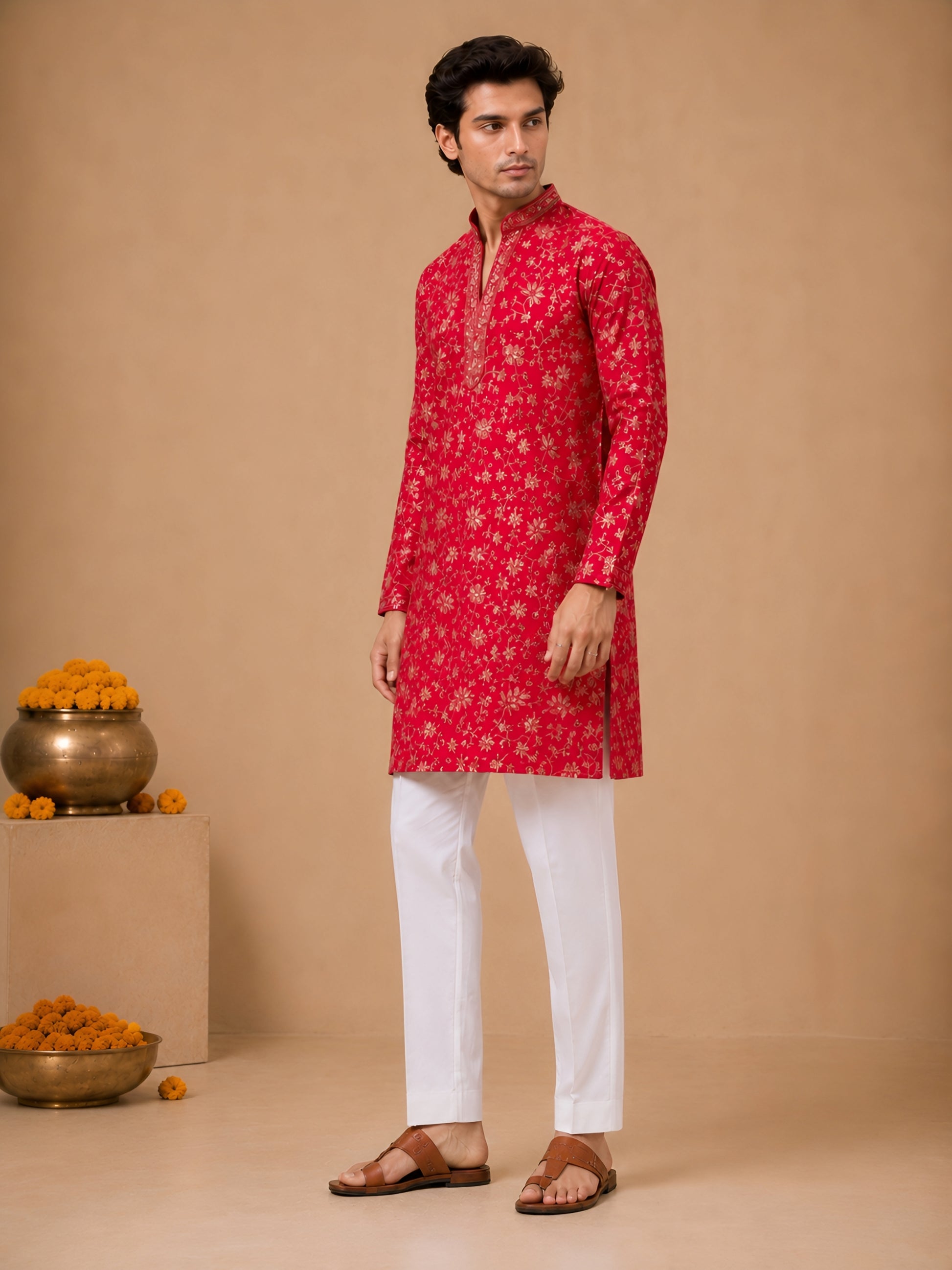 Premium Red V-Neck Heavy Embroidered Short Kurta for Men