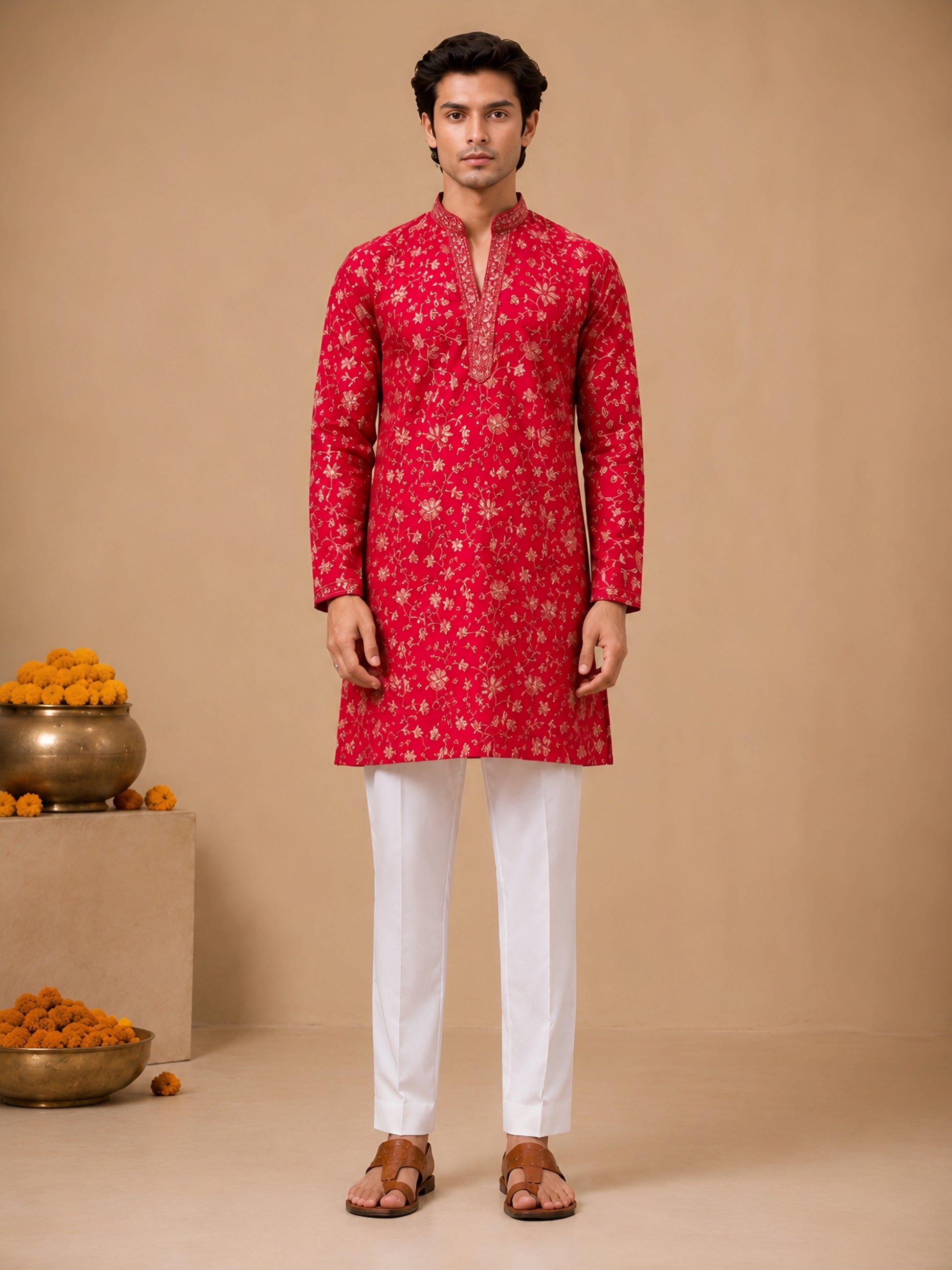 Premium Red V-Neck Heavy Embroidered Short Kurta for Men