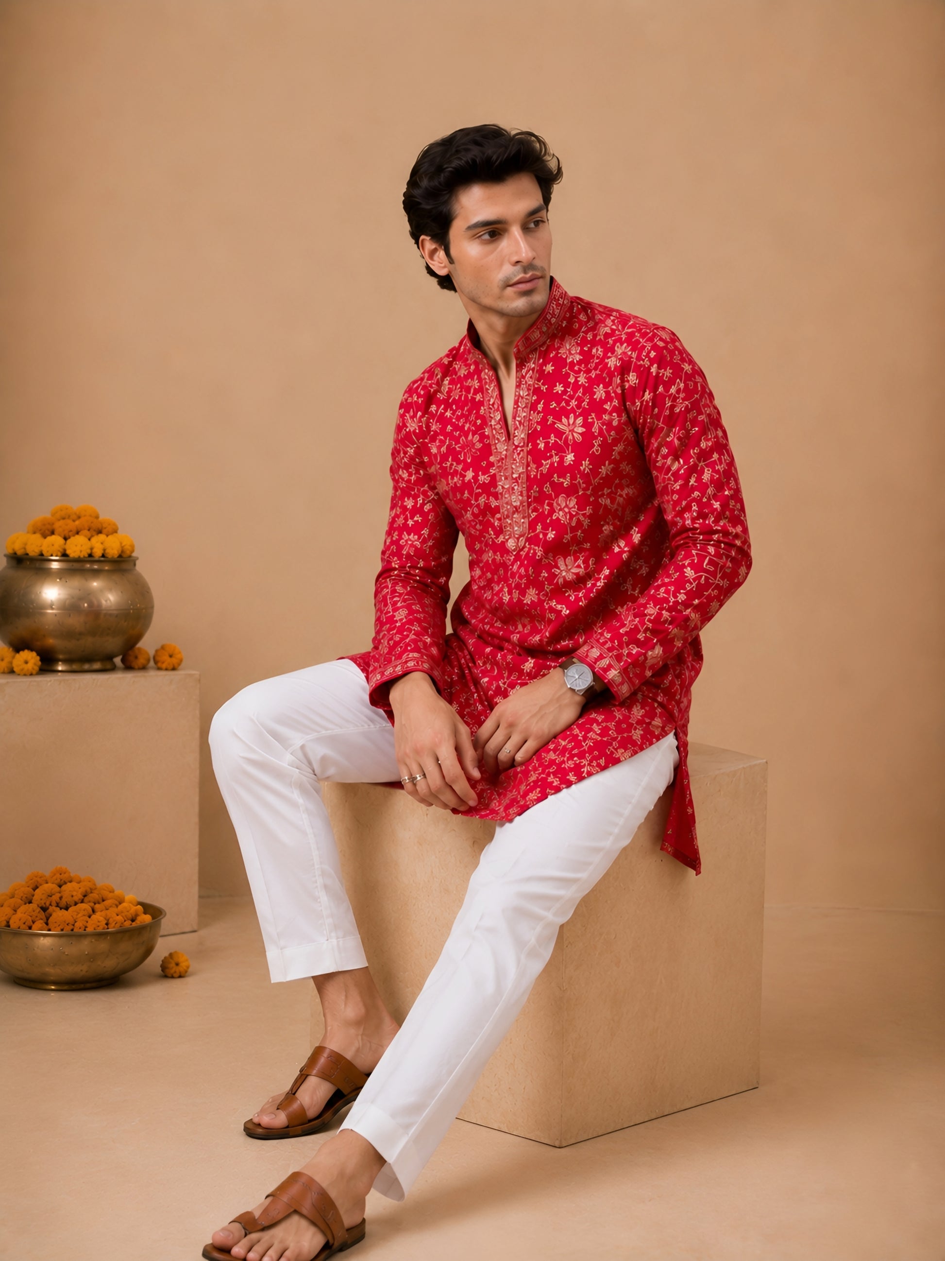 Premium Red V-Neck Heavy Embroidered Short Kurta for Men