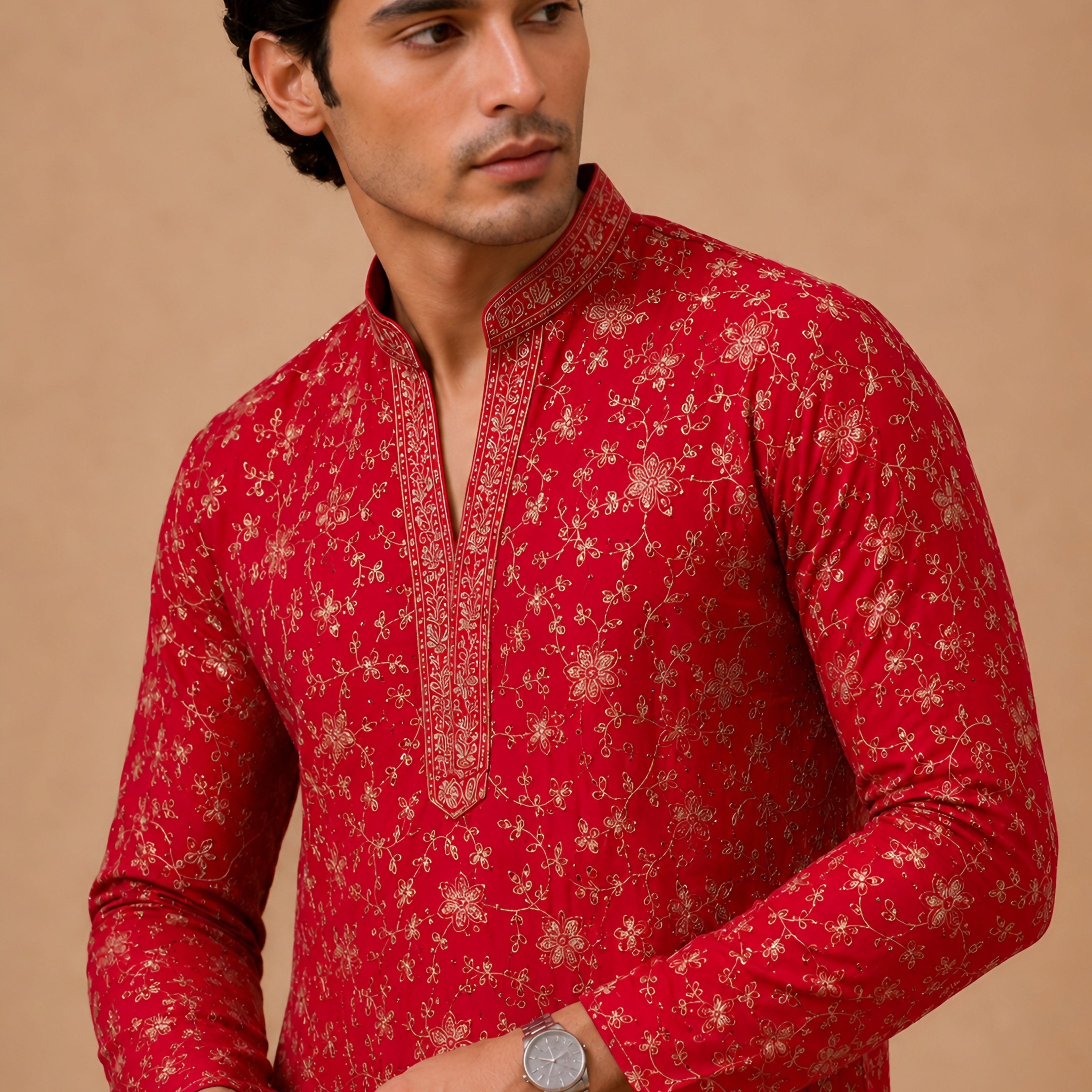 Premium Red V-Neck Heavy Embroidered Short Kurta for Men
