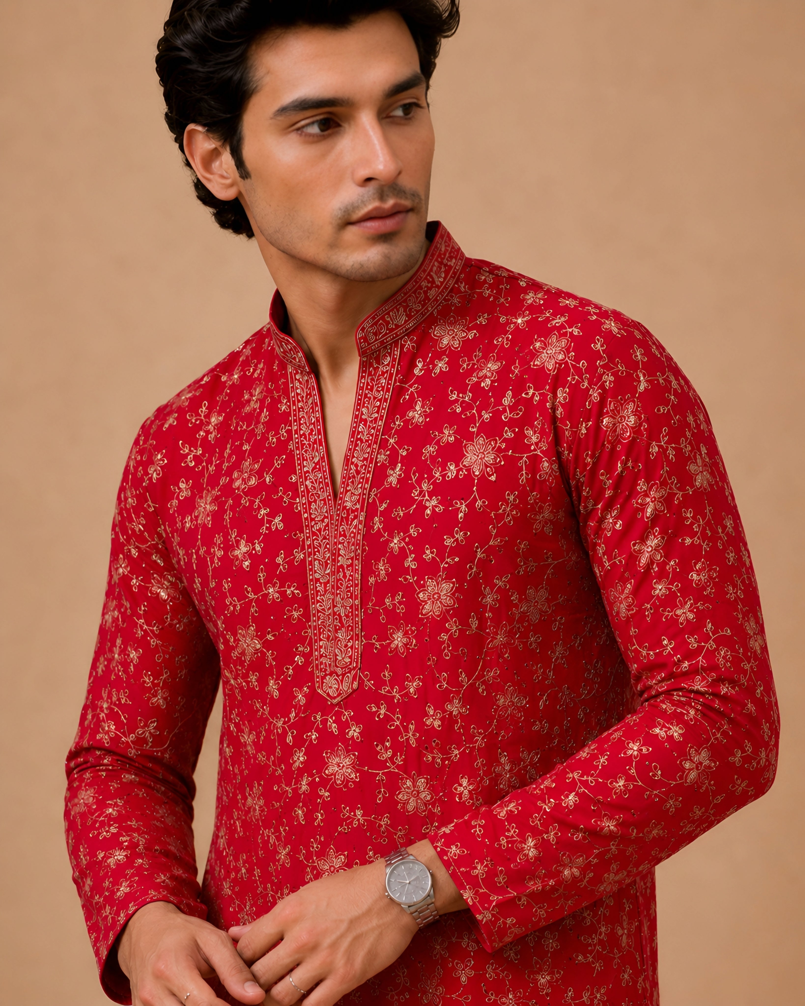 Premium Red V-Neck Heavy Embroidered Short Kurta for Men