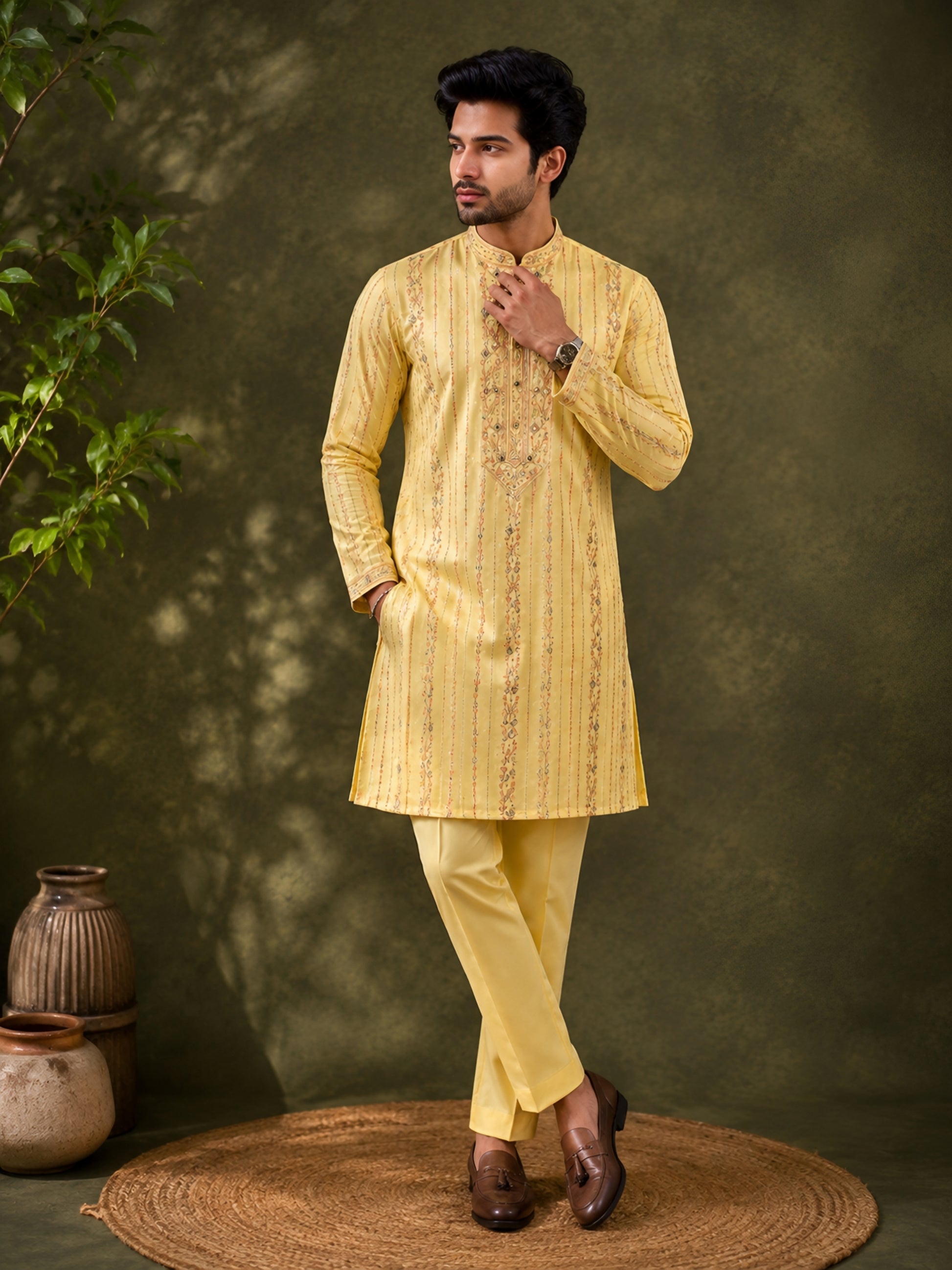 Lime Blossom Mirror Work Kurta Set for Men