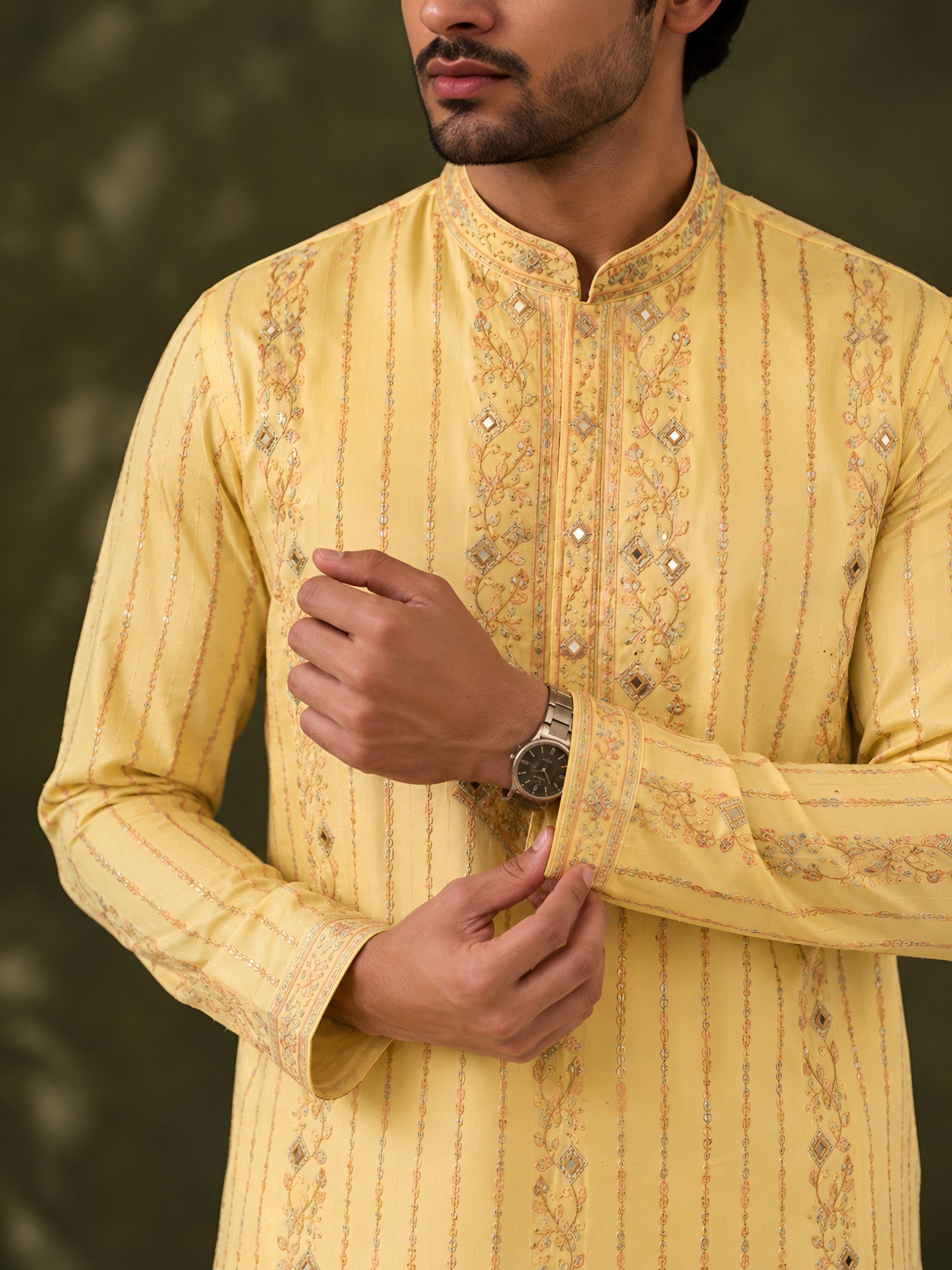 Lime Blossom Mirror Work Kurta Set for Men