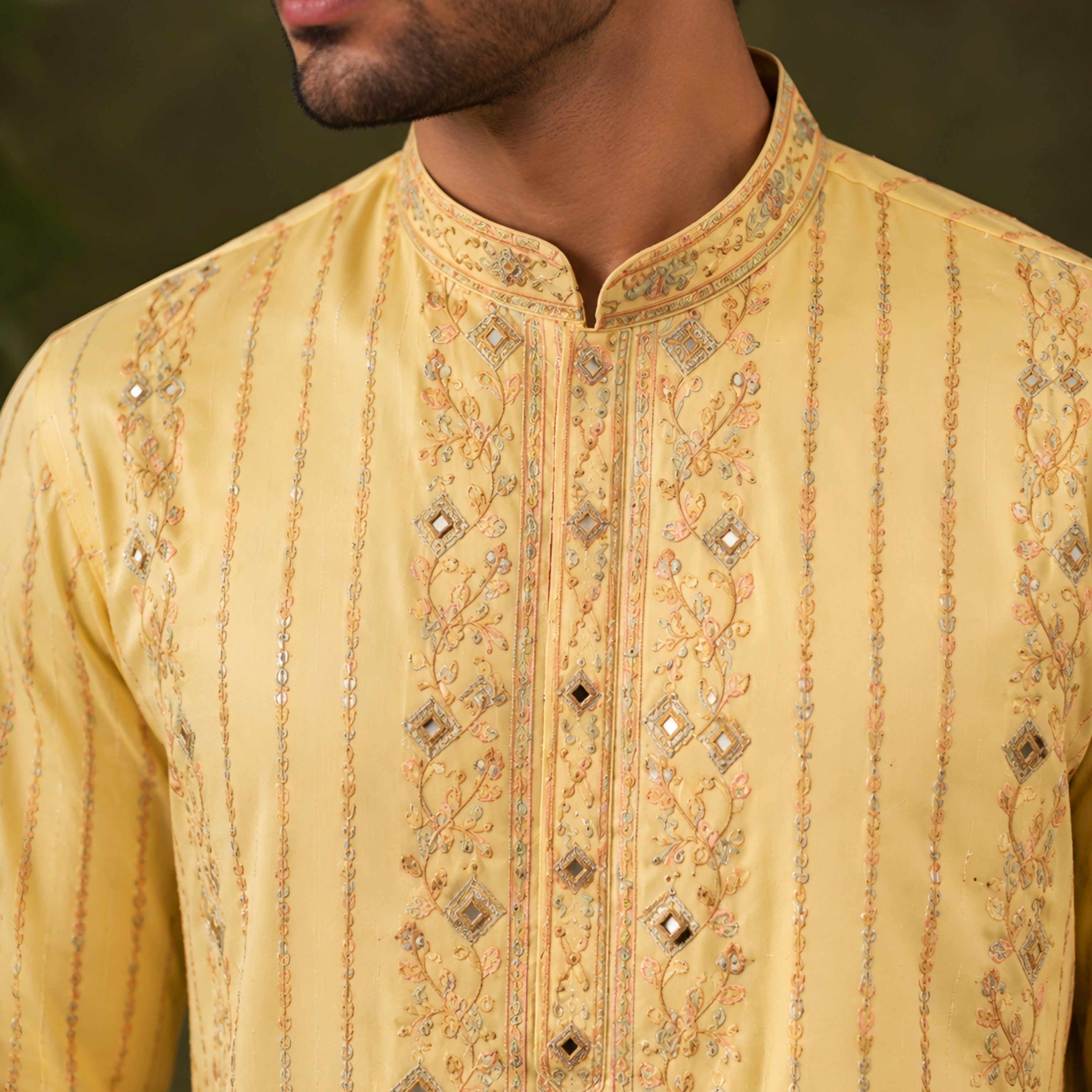 Lime Blossom Mirror Work Kurta Set for Men