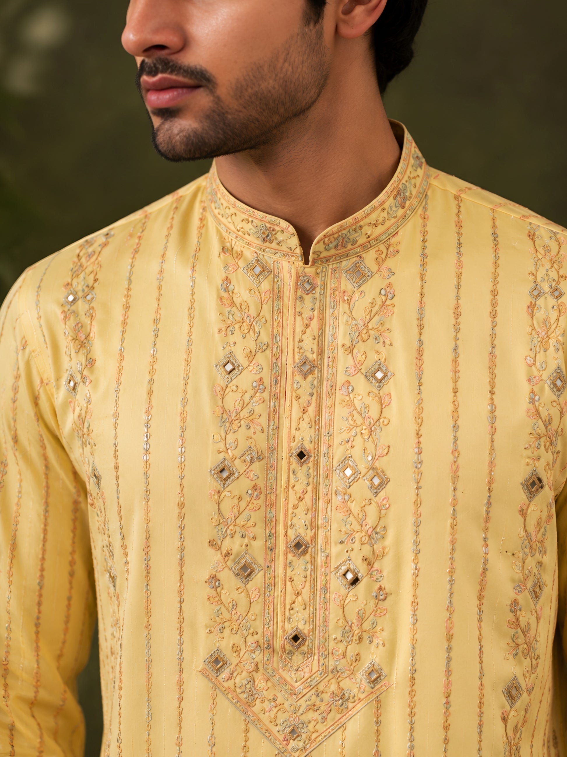 Lime Blossom Mirror Work Kurta Set for Men