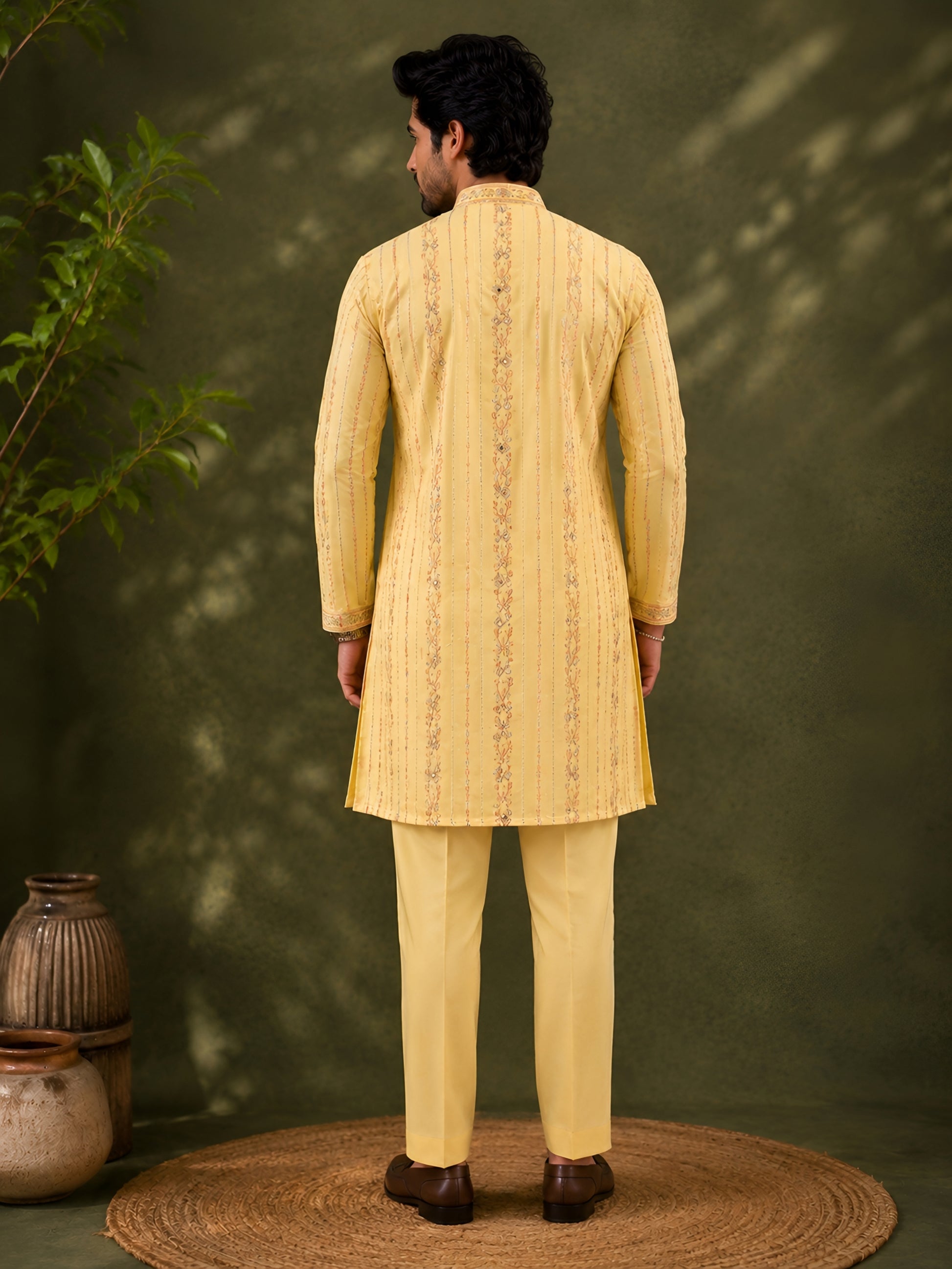 Lime Blossom Mirror Work Kurta Set for Men